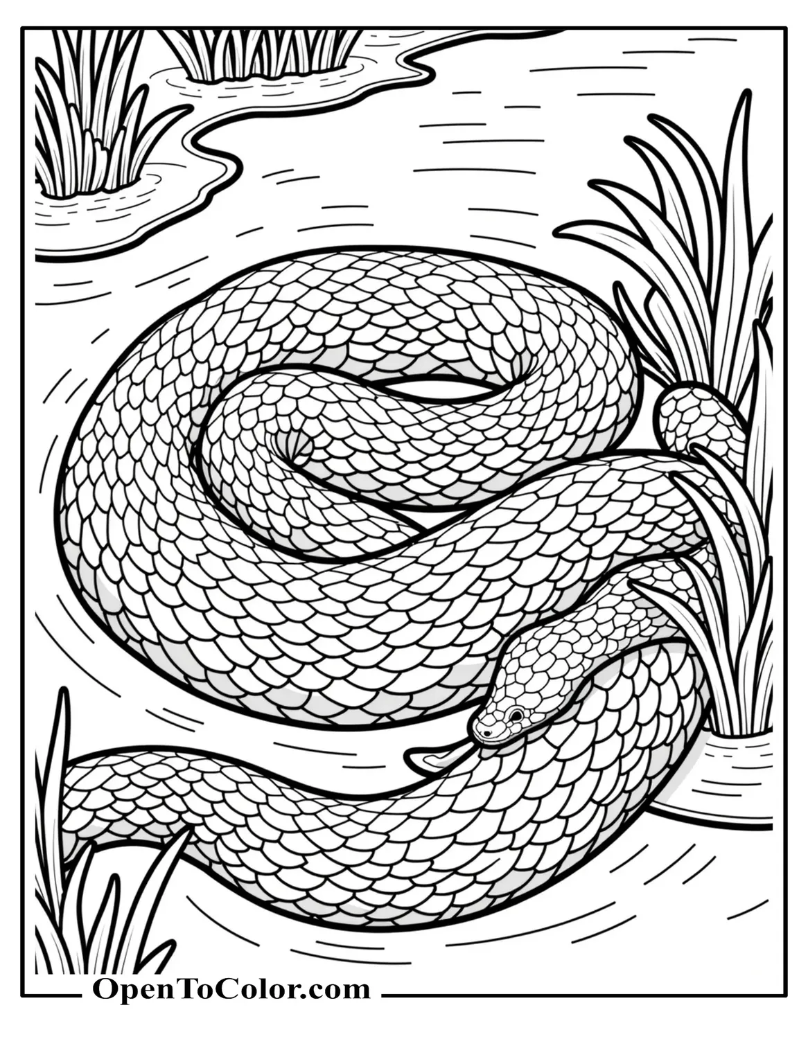 Realistic Coloring Sheet of Massive Anaconda Coiled Around Tree Roots Beside Swamp Plants PDF