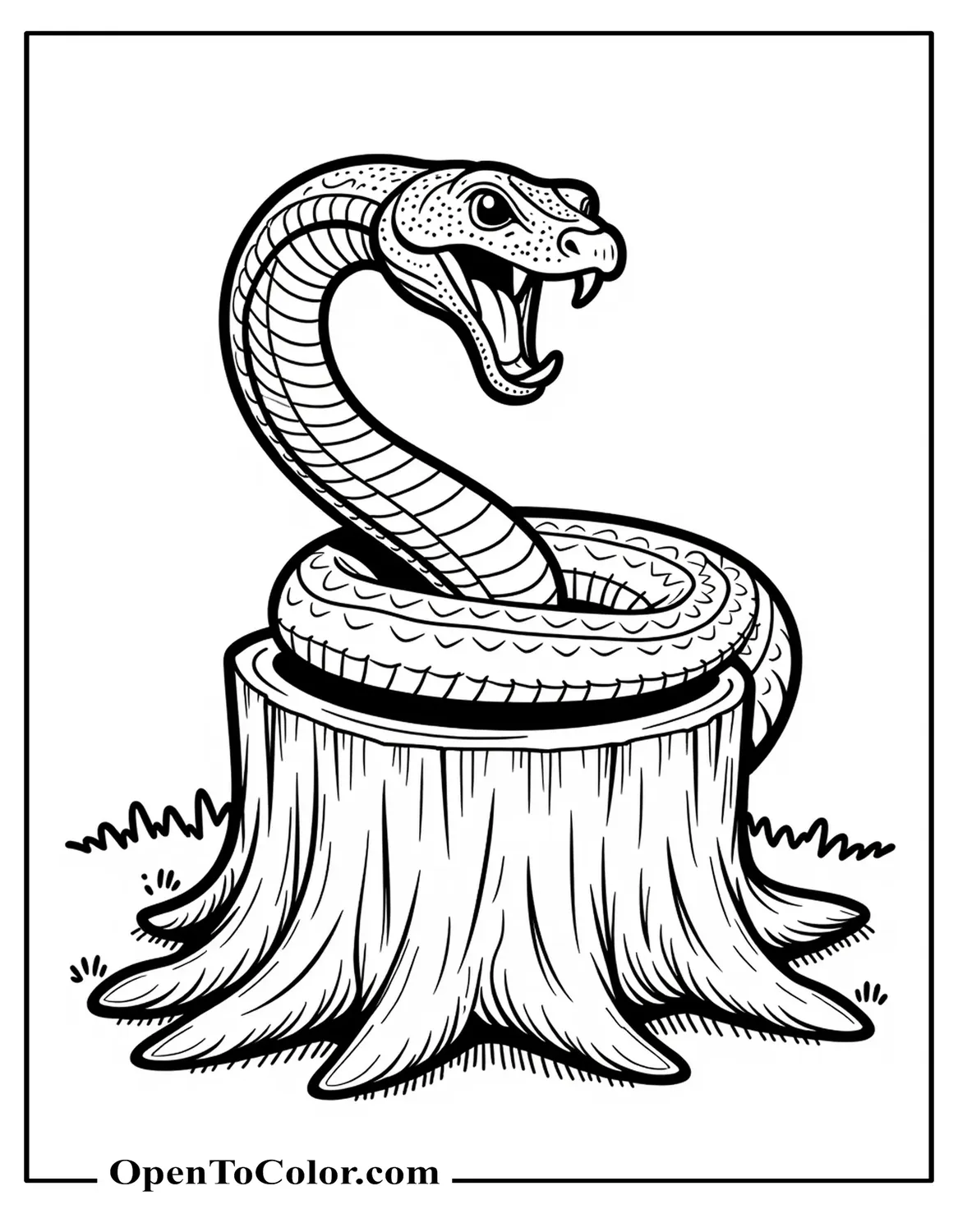 Realistic Snake Coiled With Fangs Bared In A Hollow Stump Coloring Sheet PDF