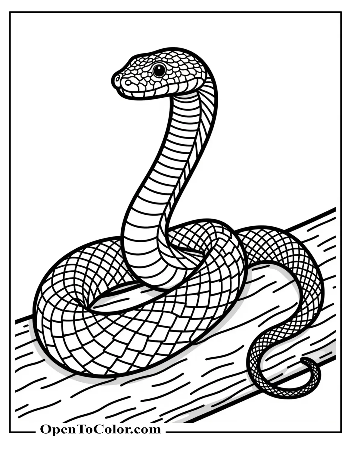 Realistic Snake With Dense Scale Details Coiled On A Log Coloring Sheet Printable For Adults