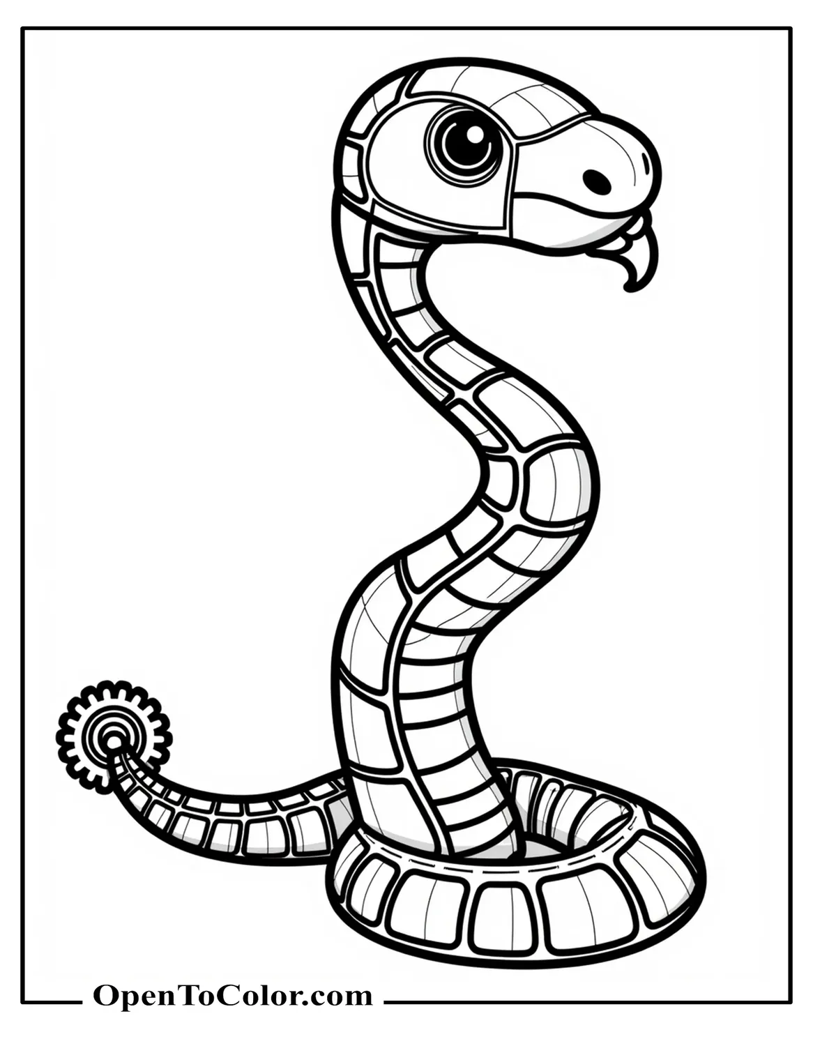 Printable coloring sheet of a robot snake made of segmented metal plates with a small gear near the tail.