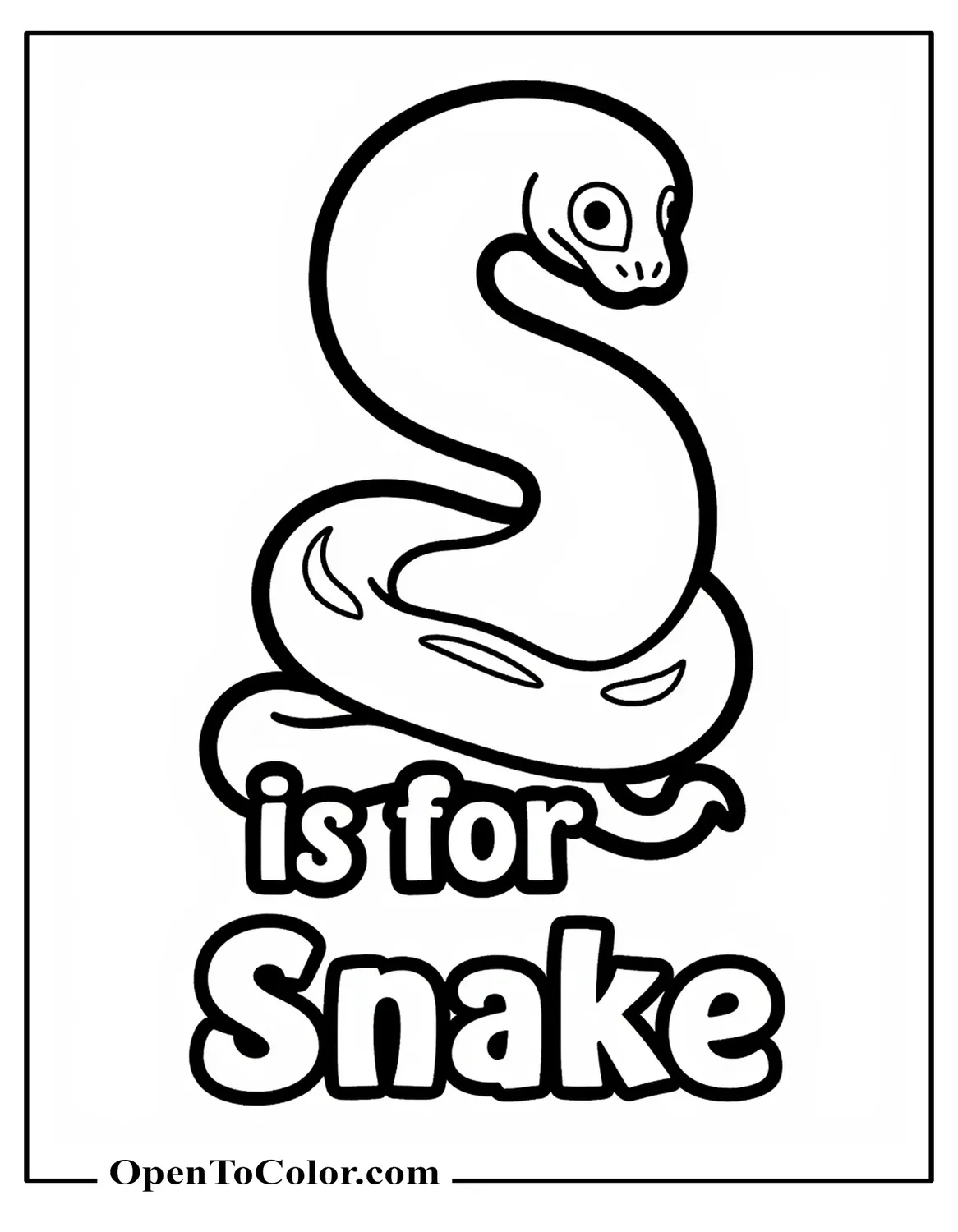Big letter S with a snake wrapped around it and the text S is for snake coloring page PDF.