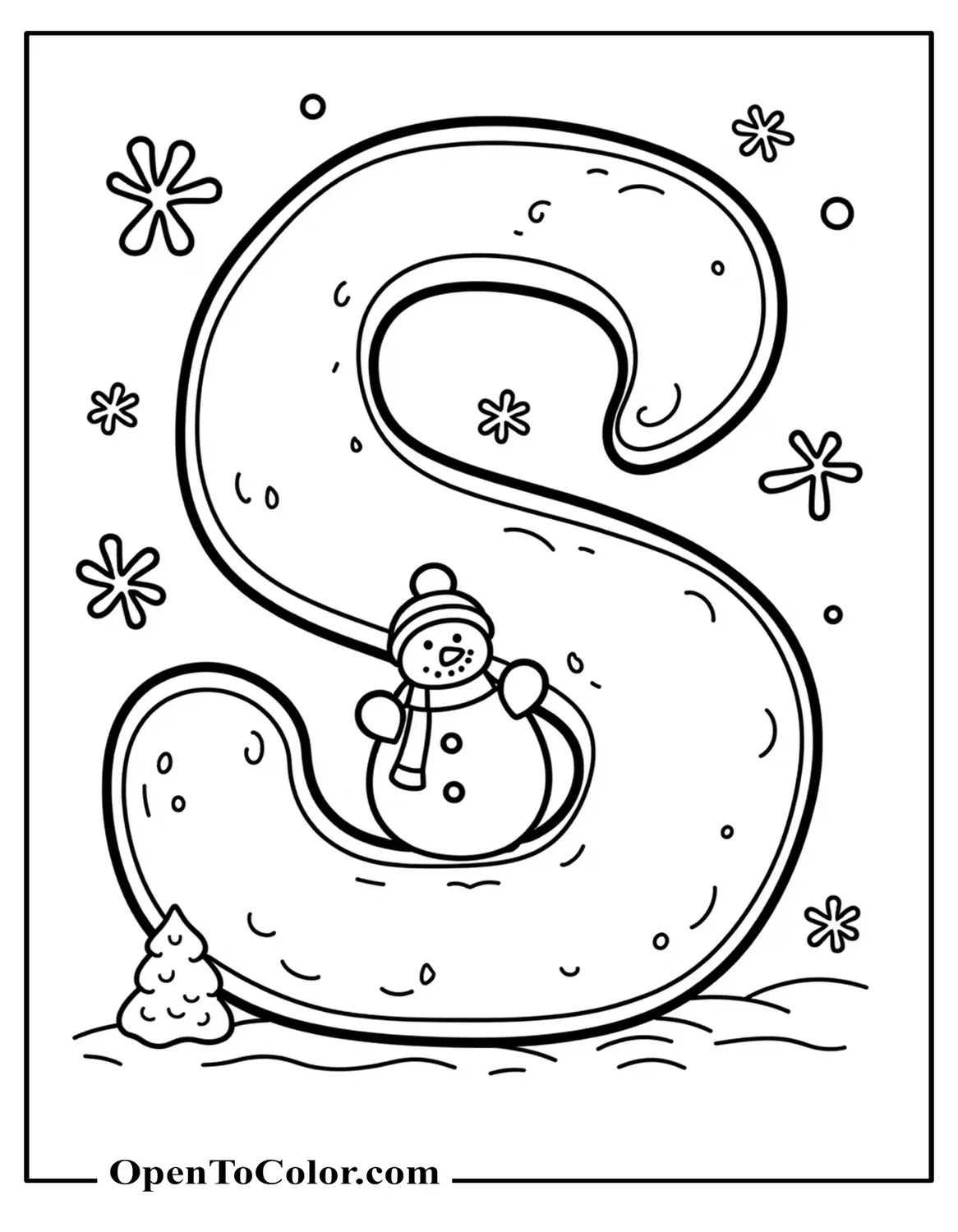Large block letter S coloring sheet with a small snowman leaning on it and snowflakes around, PDF