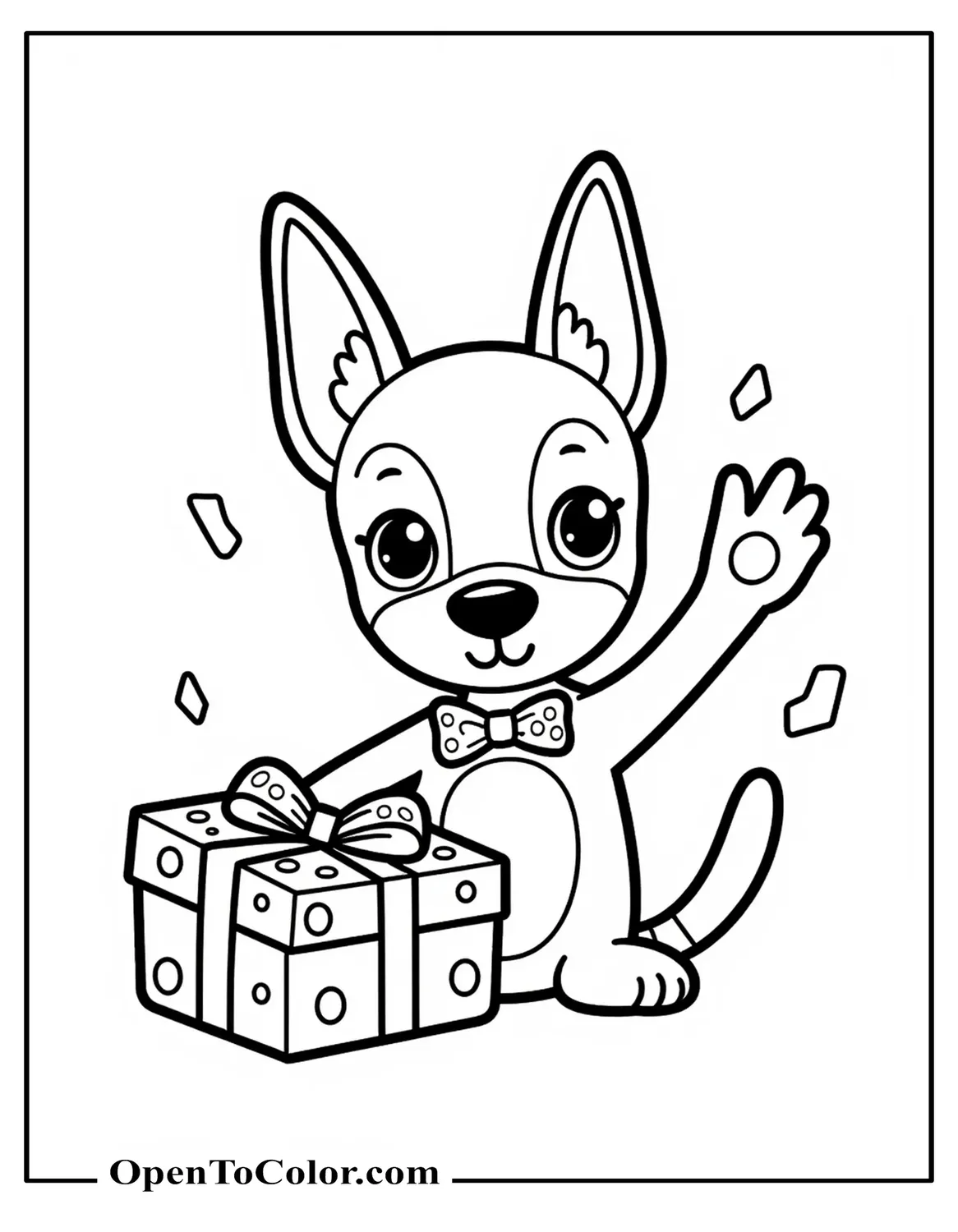 Free Sanrio style Doberman coloring sheet waving tiny bow tie and a gift box with confetti dots