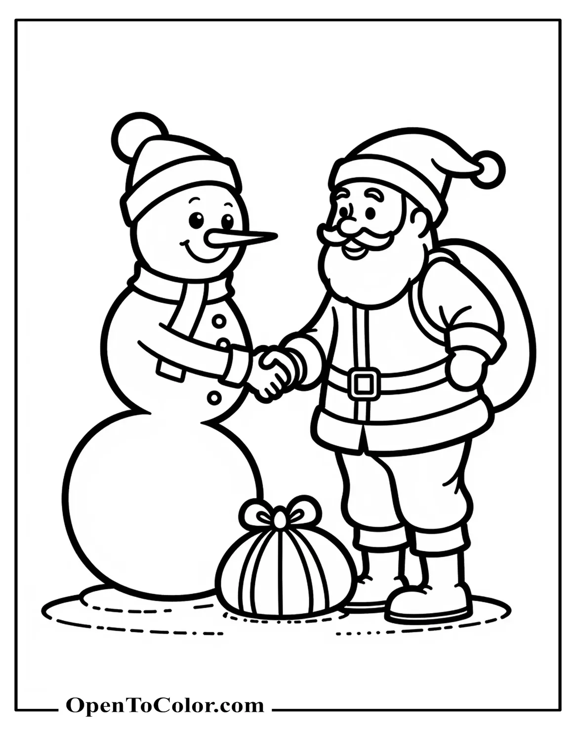 Free Coloring Page of Santa and a Snowman Shaking Hands with a Gift Bag at Their Feet