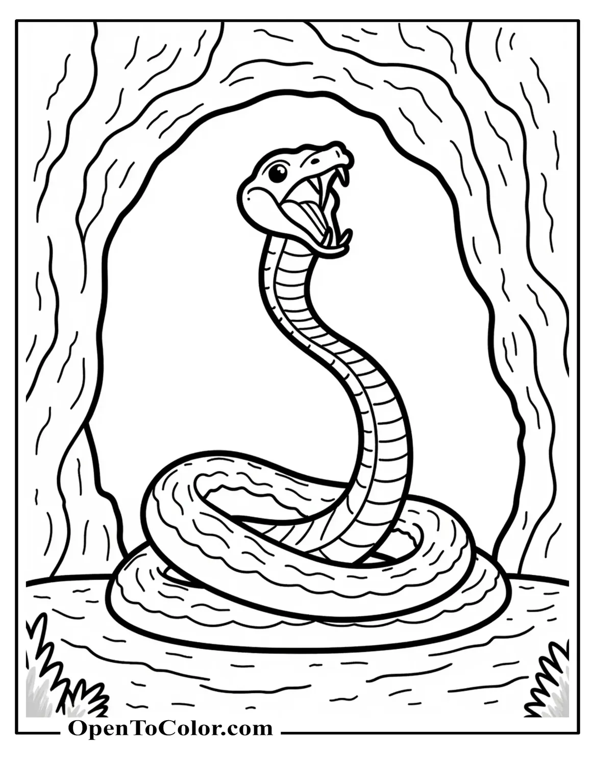 Snake Rearing With Open Mouth And Fangs At Cave Entrance Coloring Sheet PDF