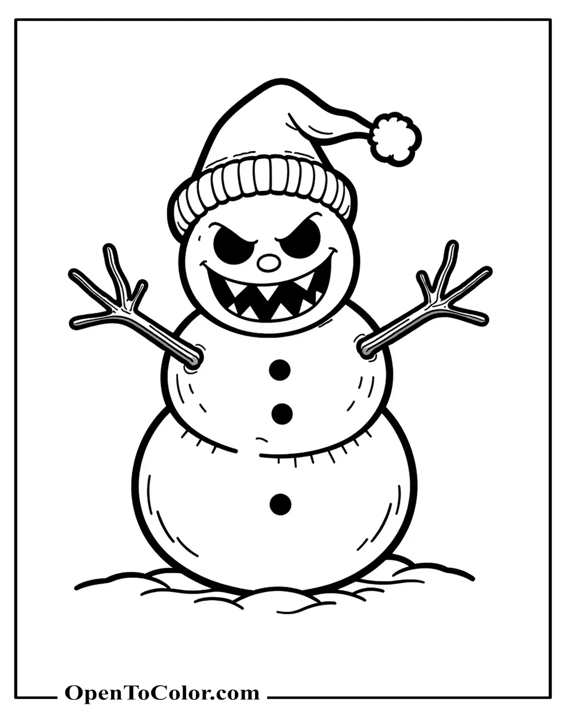 Kid Safe Spooky Coloring Page Printable Scary Snowman With Jagged Stick Teeth Cracked Coal Eyes And Crooked Hat