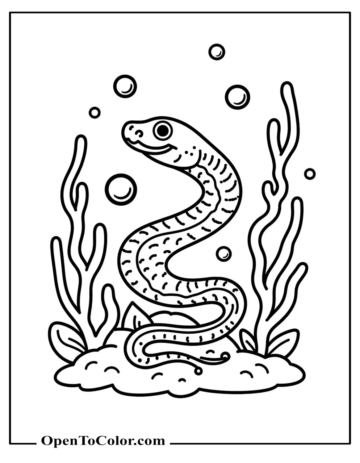 Sea Snake Swimming Between Coral Shapes And Bubbles Coloring Page PDF