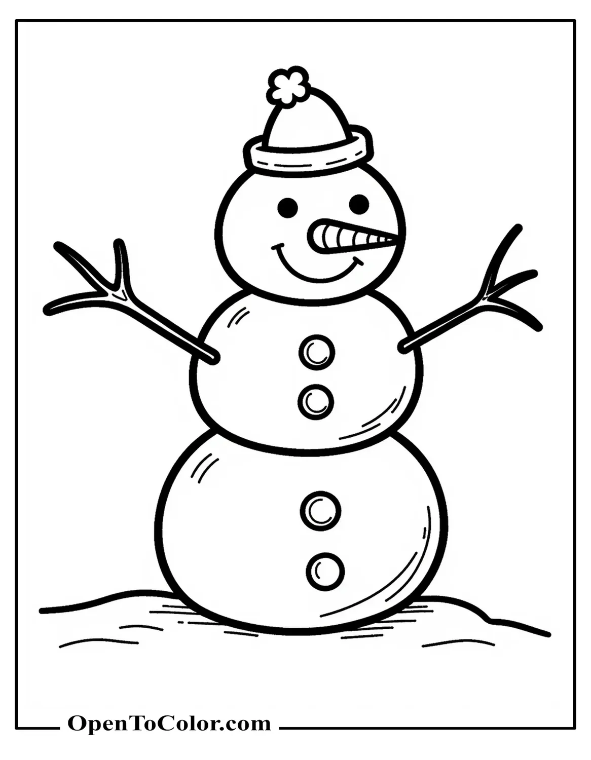 Simple three sphere snowman coloring page front view with carrot nose and coal buttons on flat ground, printable.