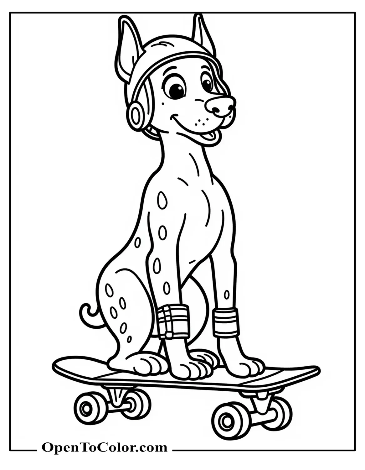Free Coloring Page of Doberman on a Skateboard with Front Paws on Deck, Helmet, and Elbow Pads Beside