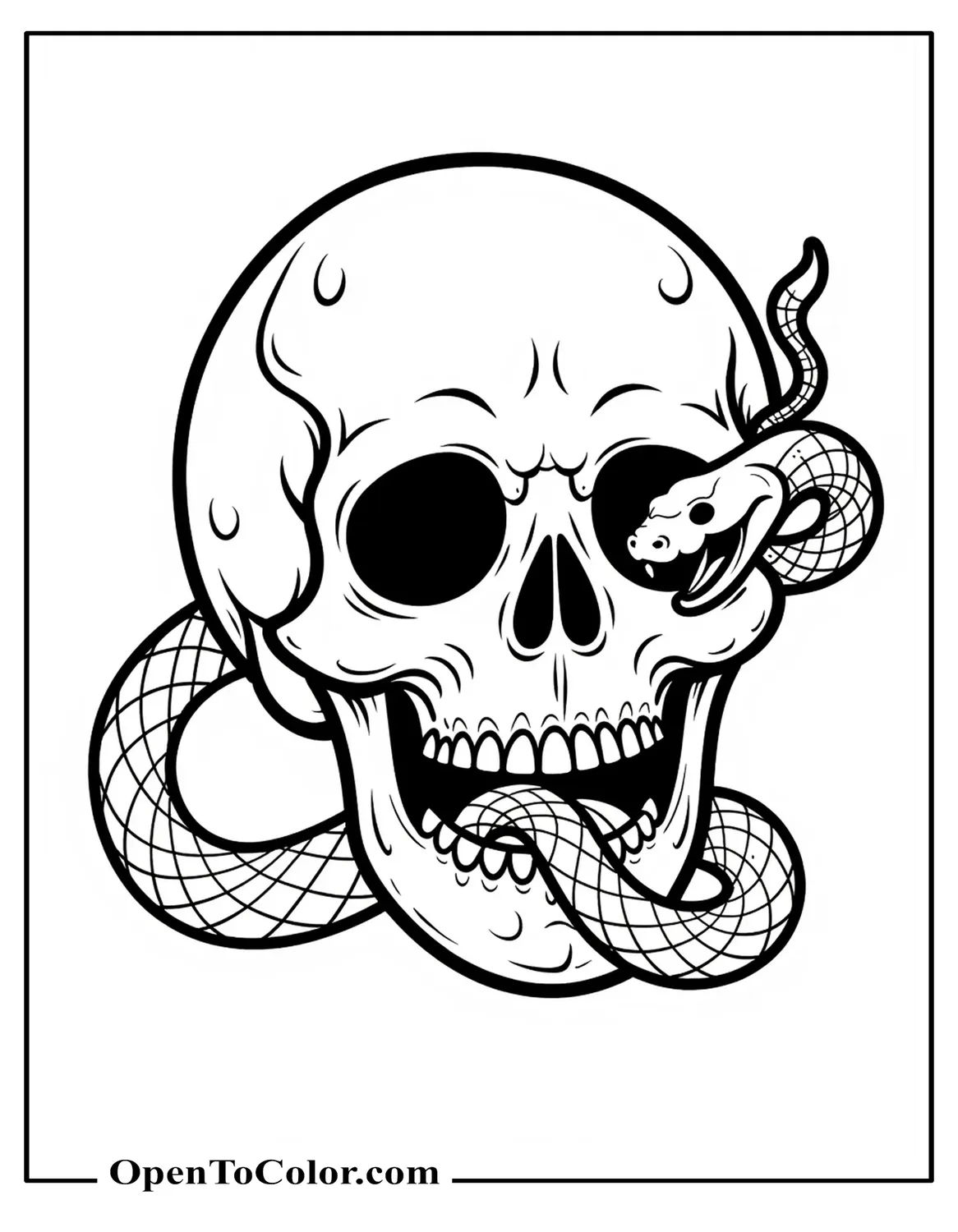 Printable Coloring Page of a Cartoon Skull With a Snake Weaving Through One Eye Socket and Out the Mouth