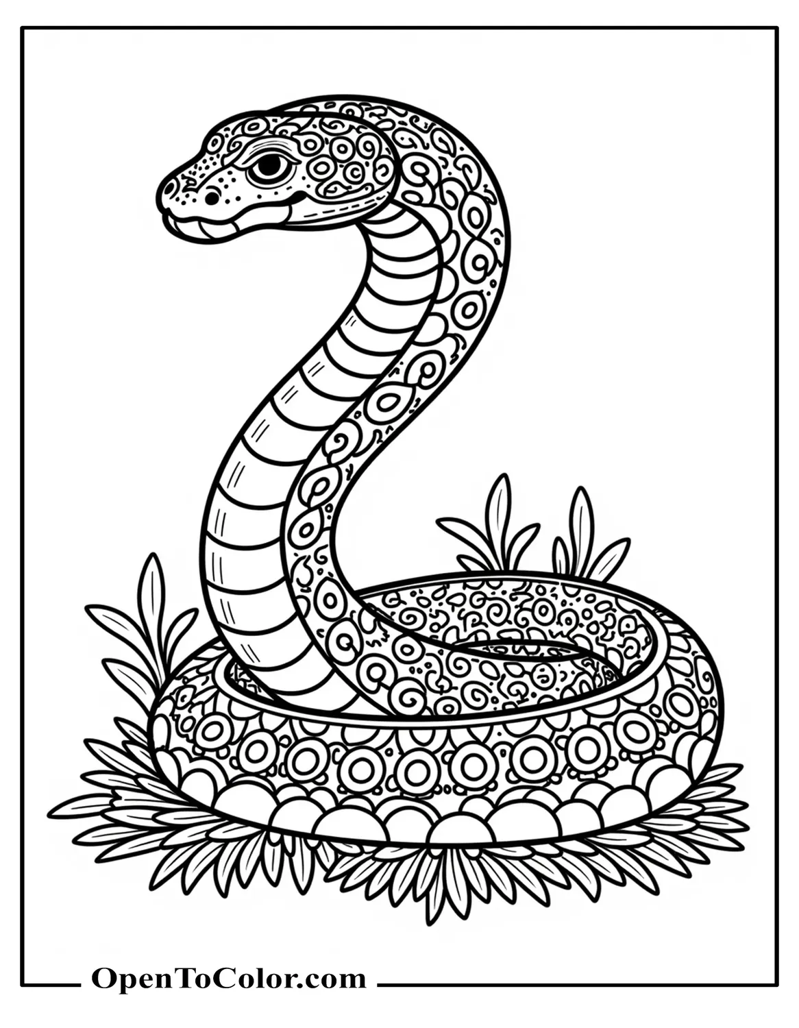 Printable coloring page of a snake body filled with intricate floral and geometric patterns for adults