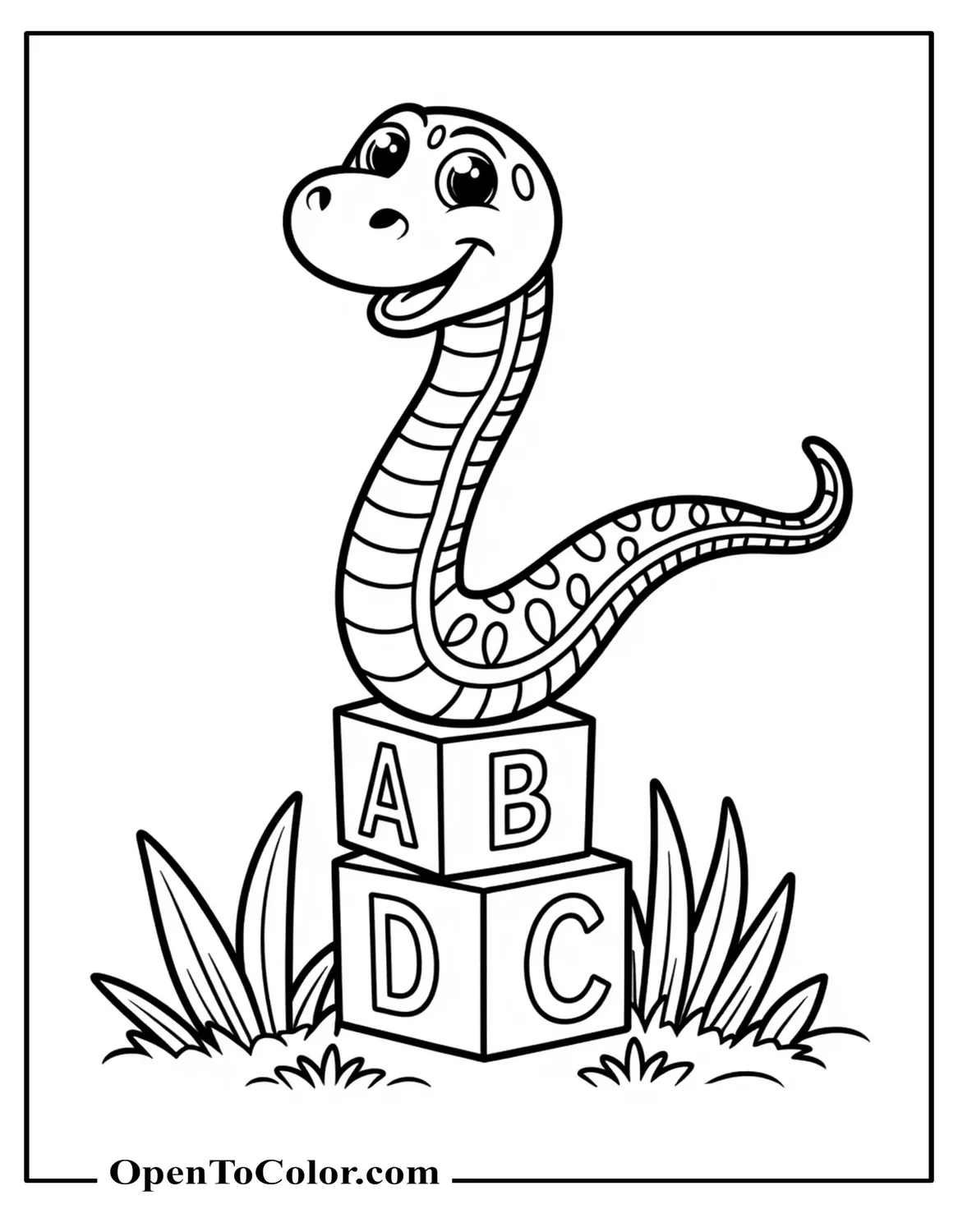 Smiling snake stacking letter blocks A B C on grass coloring sheet PDF