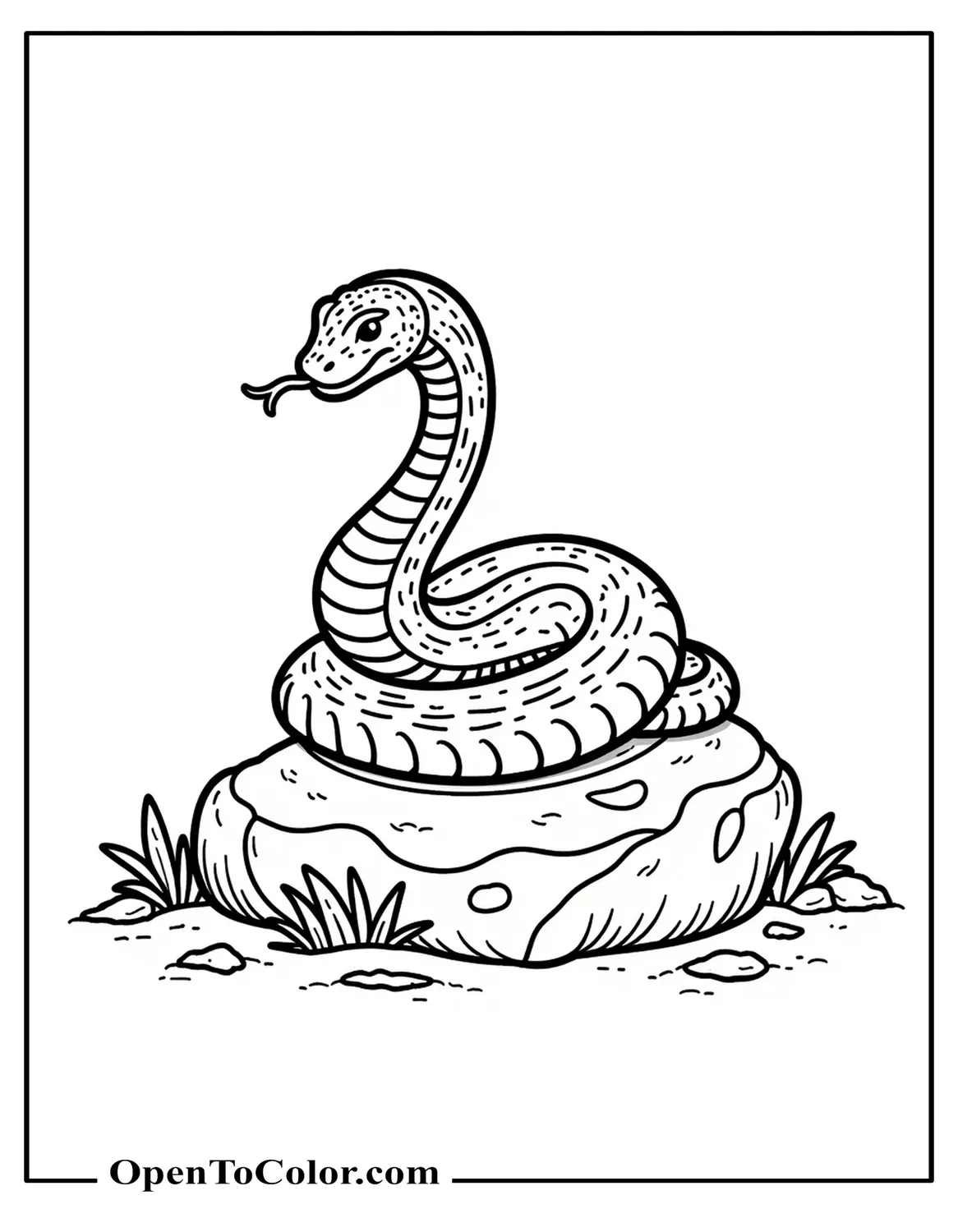 Snake coiled on a rock with tongue flicking, coloring page PDF.