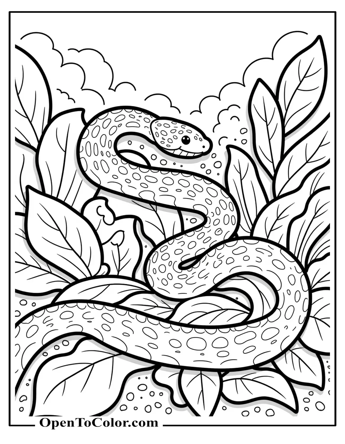 Printable Coloring Page of Snake Slithering Across Large Leaves with a Simple Forest Floor