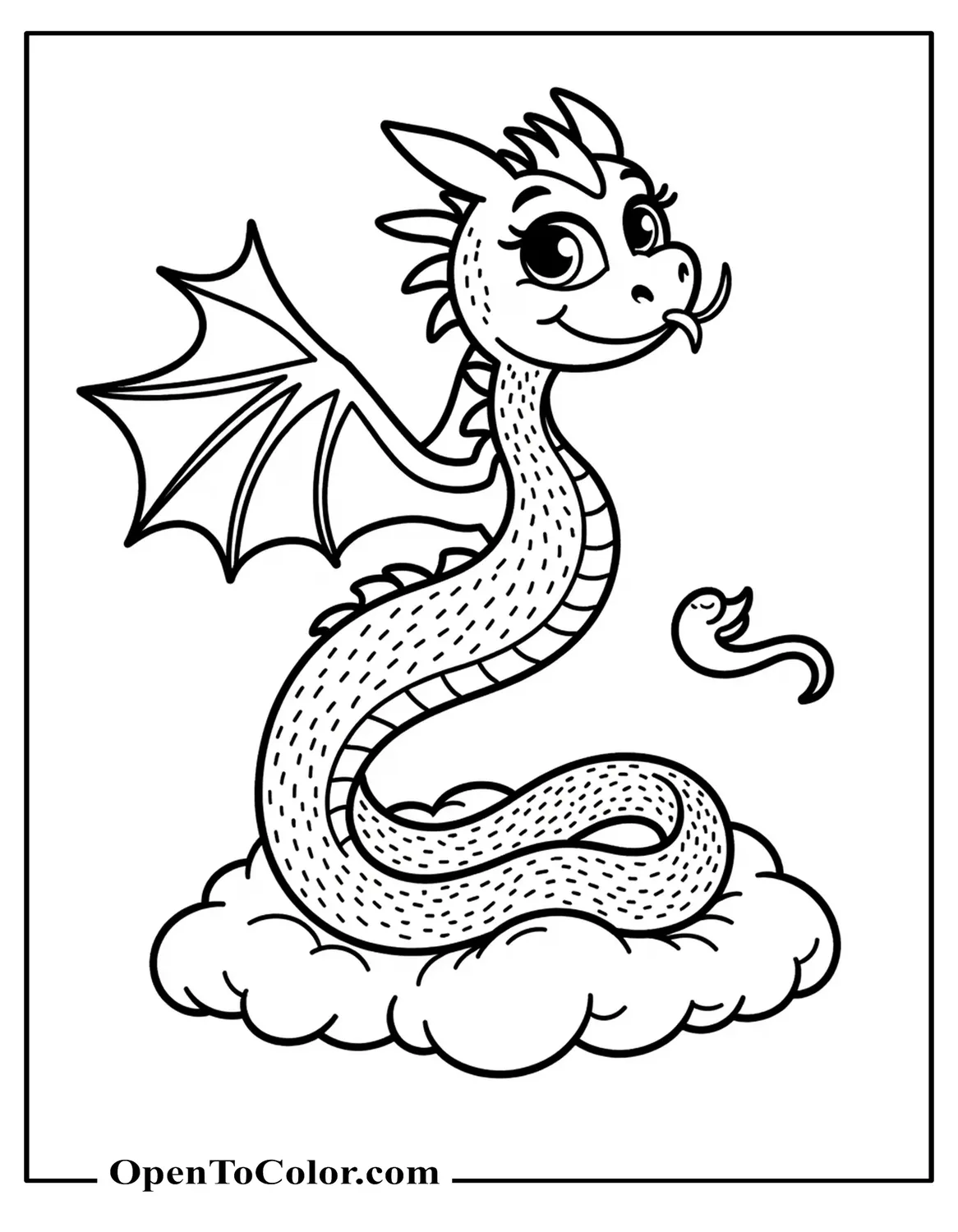 Serpent with small dragon wings and whiskers curling around a cloud coloring sheet PDF