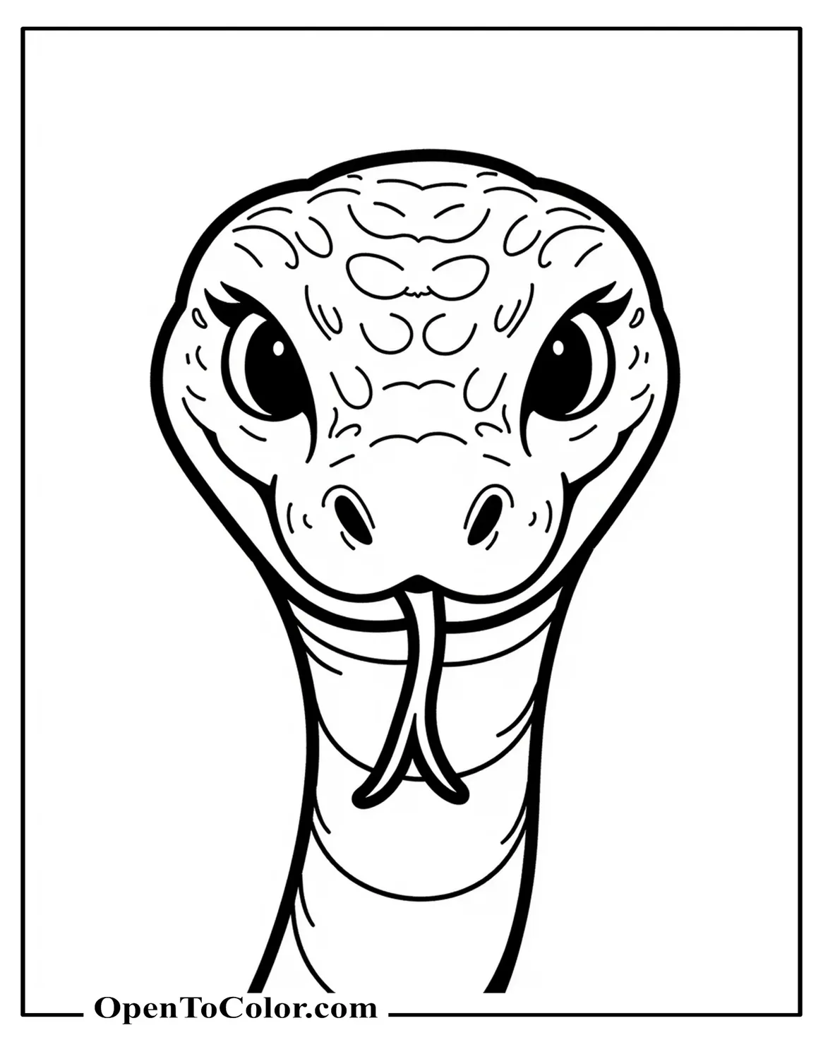 Free Coloring Page of a Front-Facing Snake Face With Wide Nostrils and a Flicking Tongue