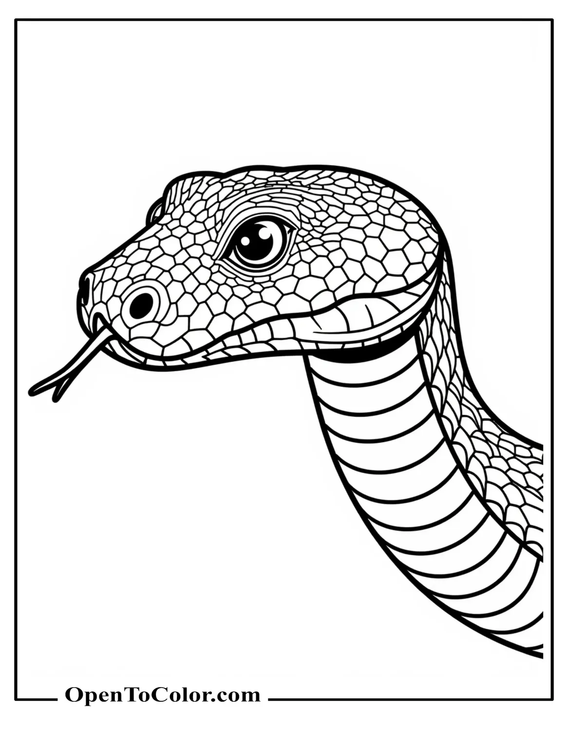 Close-up Snake Head Three-Quarter View With Forked Tongue, Free Coloring Sheet