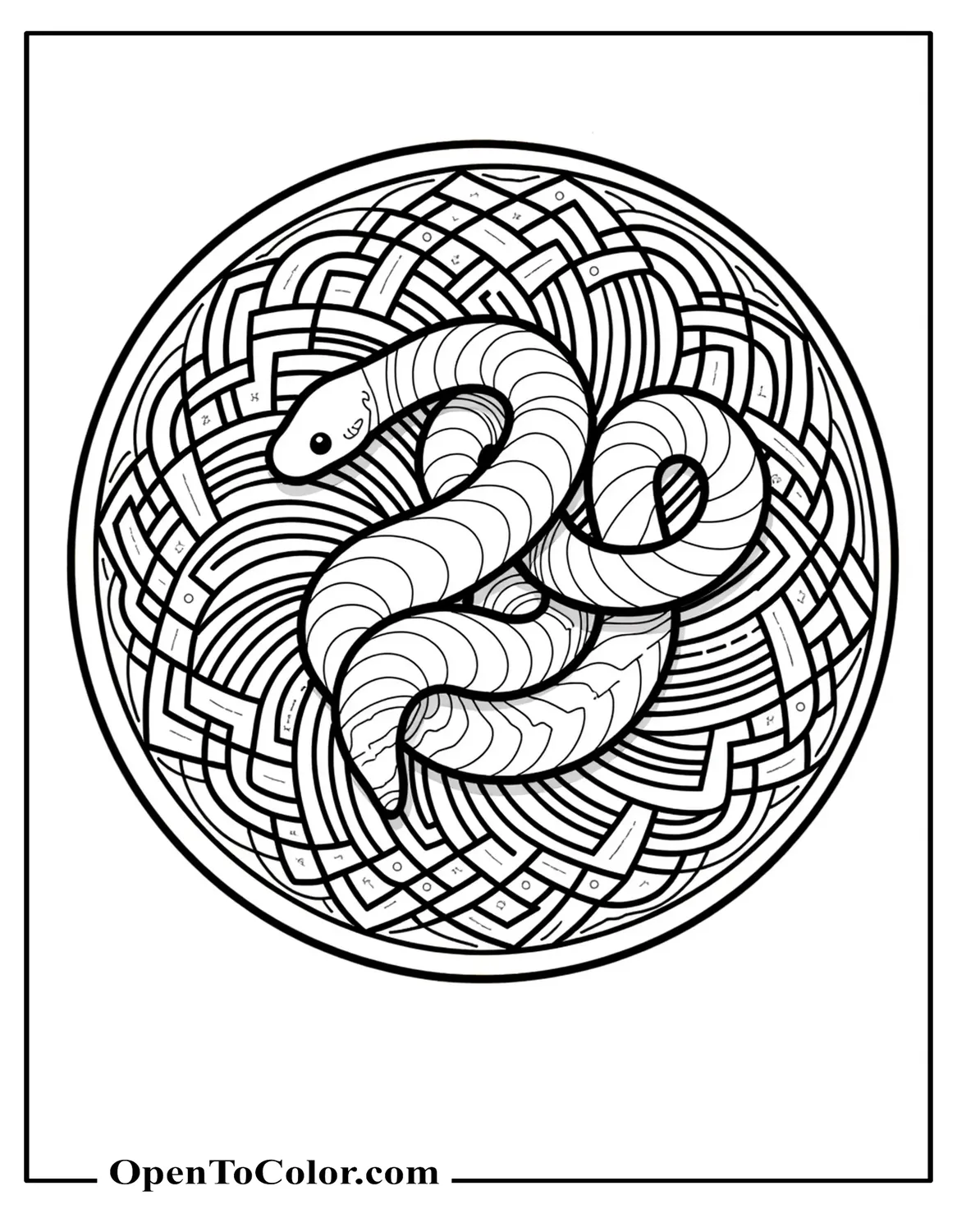 Circular mandala coloring sheet with a snake coiling toward the center, printable.
