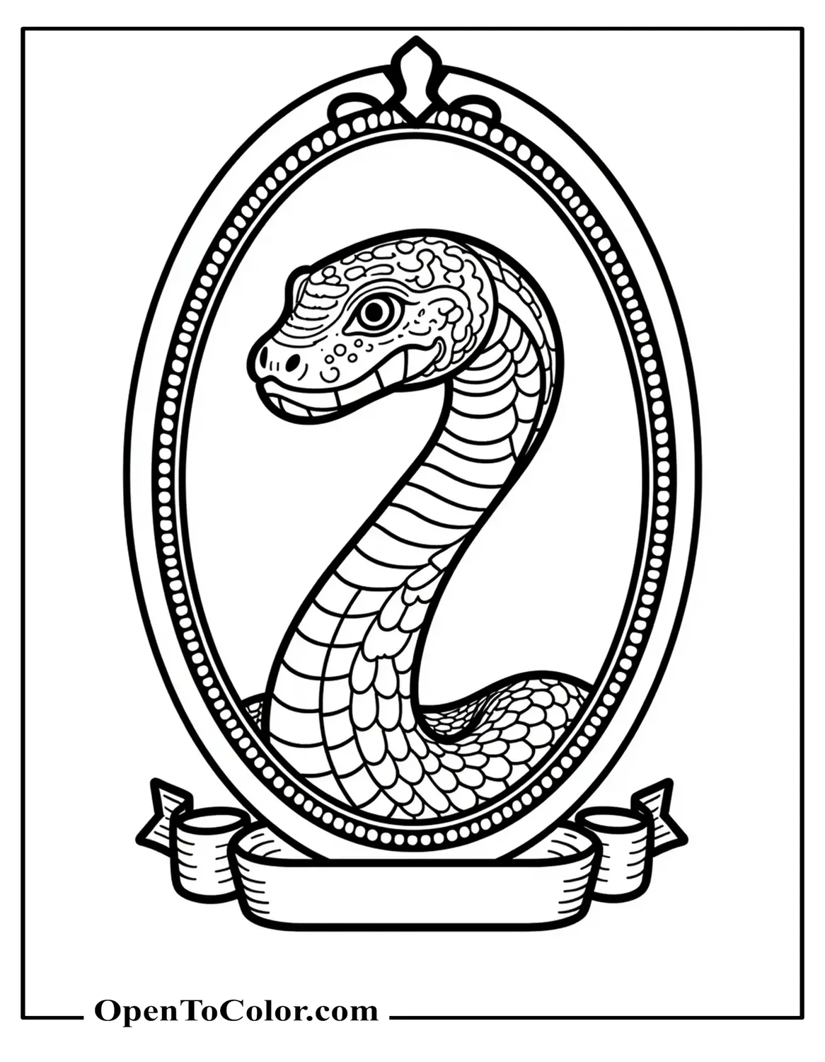 Free Snake Coloring Sheet Portrait Inside an Oval Frame with a Ribbon at the Bottom