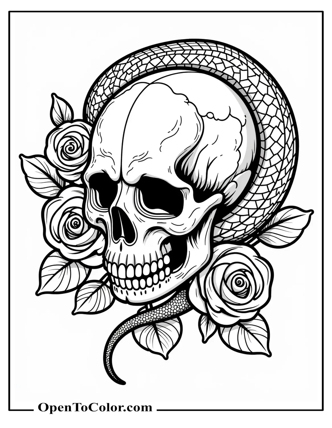 Stylized Snake Skull With Roses And Leaves Around It, Printable Coloring Sheet