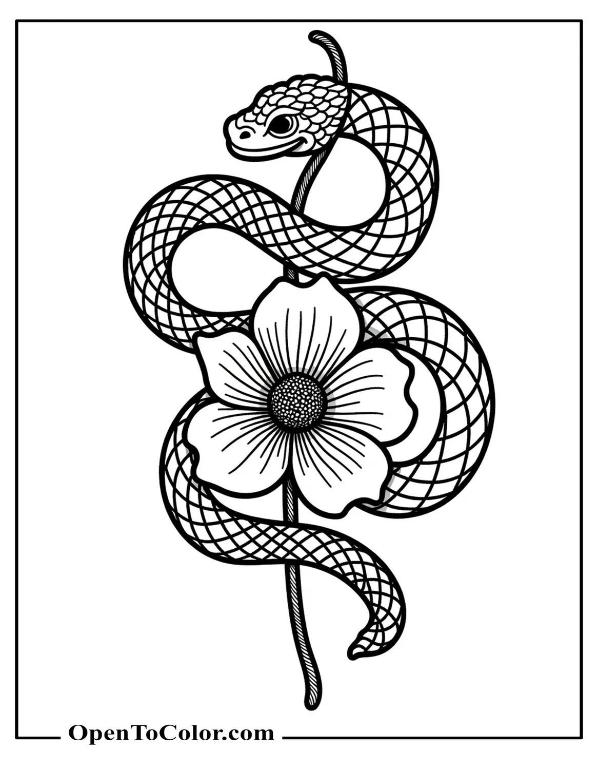 Tattoo-style snake forming an infinity loop around a flower coloring page printable.