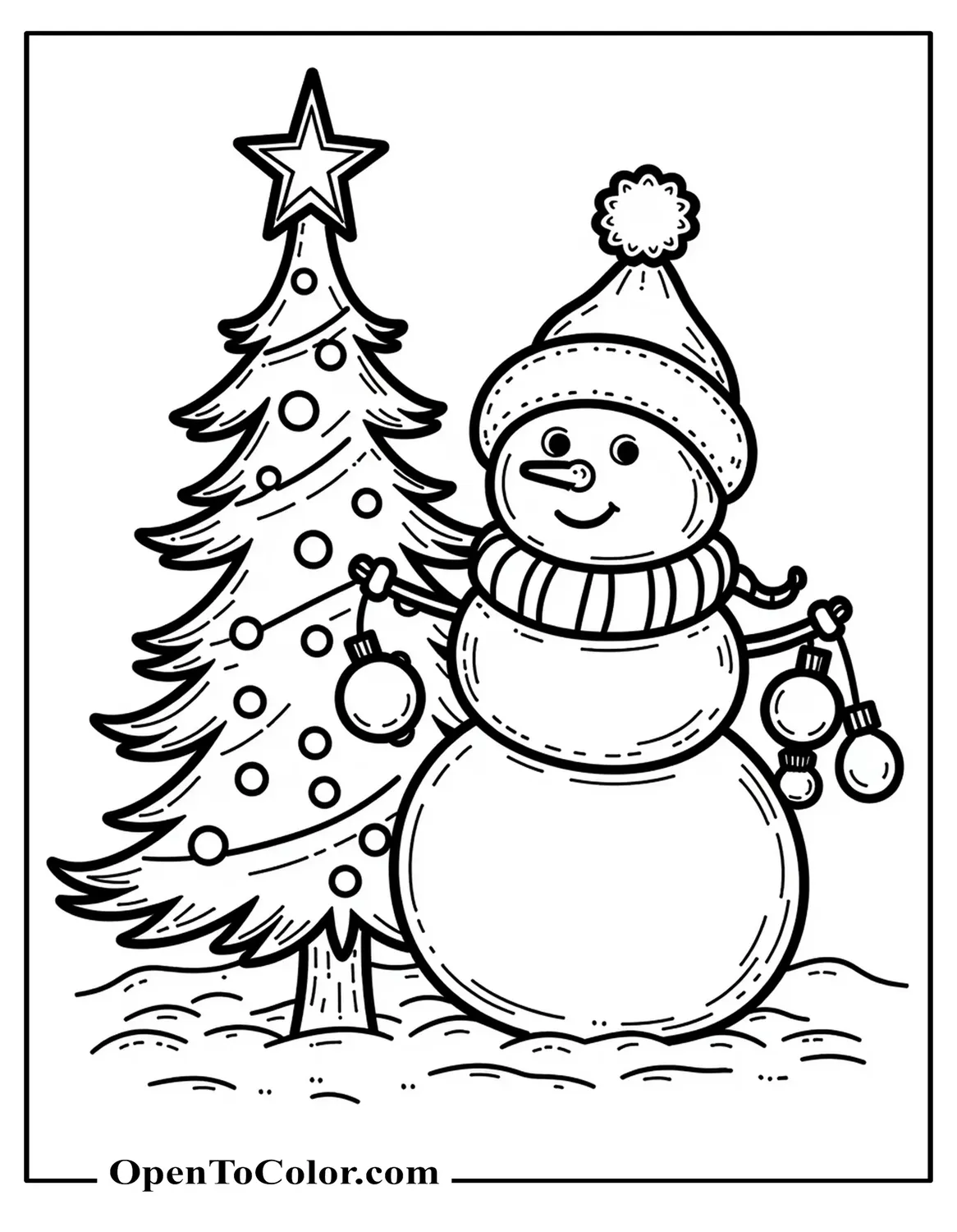 Snowman standing next to a tall decorated Christmas tree holding a string of ornaments, coloring page PDF.