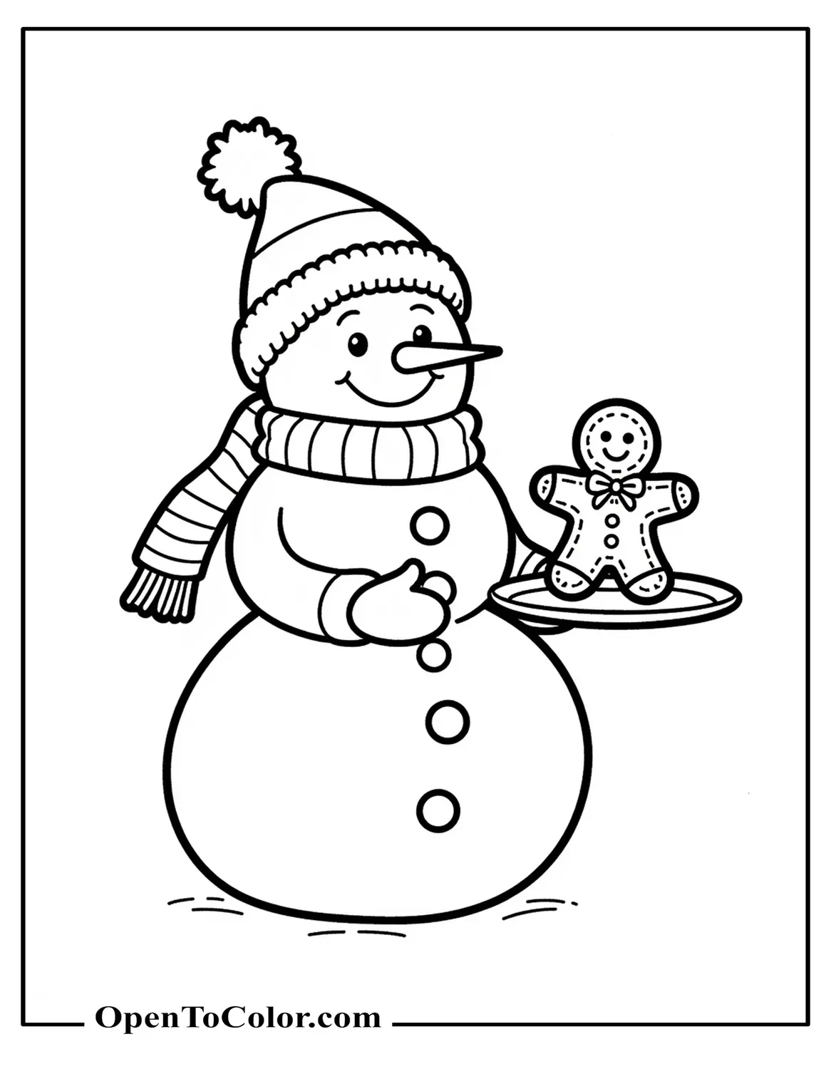 Snowman offering a gingerbread man on a plate with a tiny bow on the cookie, printable coloring page.