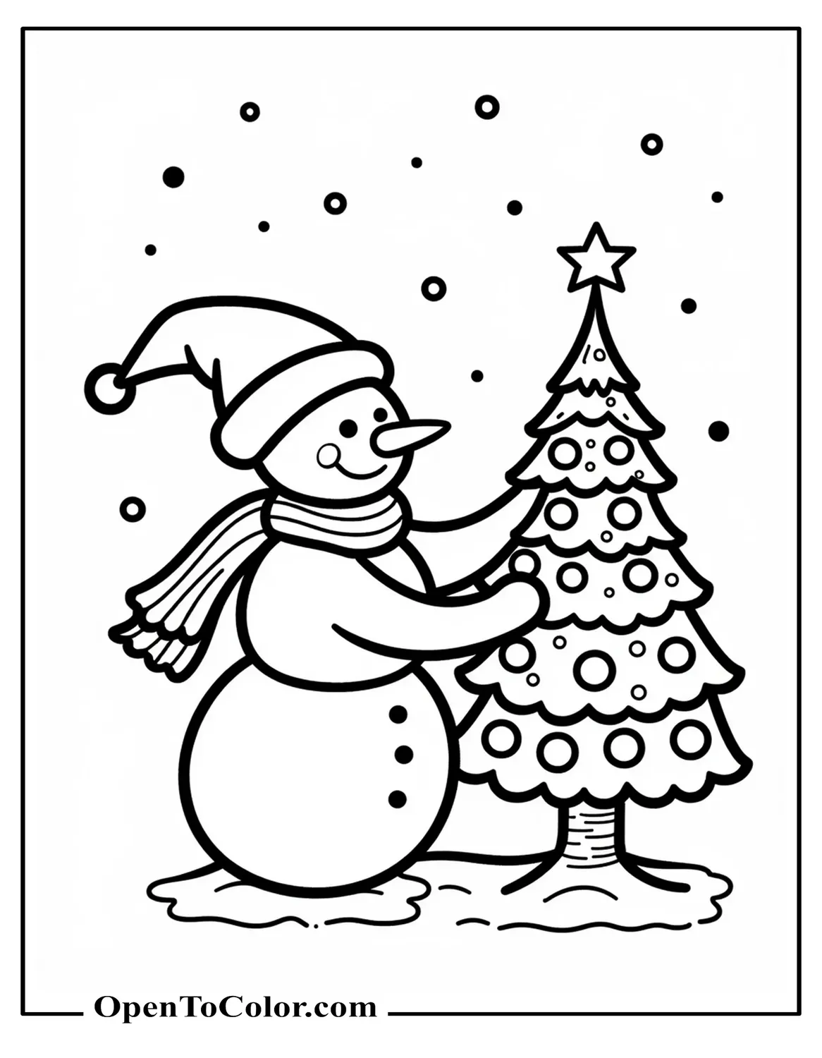 Free Coloring Sheet of Snowman Decorating a Small Christmas Tree with Star Topper Reaching Up on Tiptoes