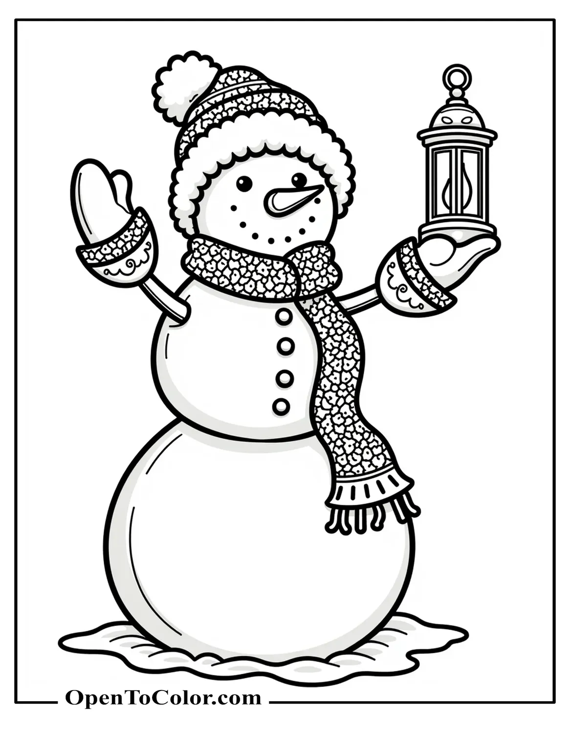 Ornate Snowman Coloring Sheet With Patterned Scarf And Filigree Details Holding A Lantern For Adults PDF