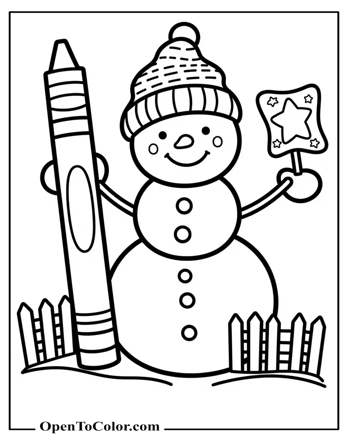 Free Coloring Page of Snowman Holding a Giant Crayon and a Star Sticker Sheet Next to a Tiny Fence