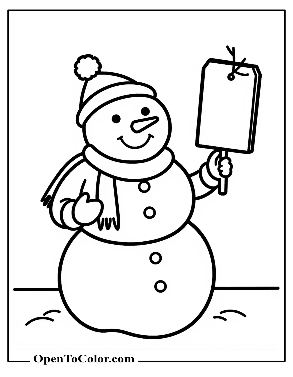 Snowman Holding A Blank Gift Tag Coloring Sheet PDF