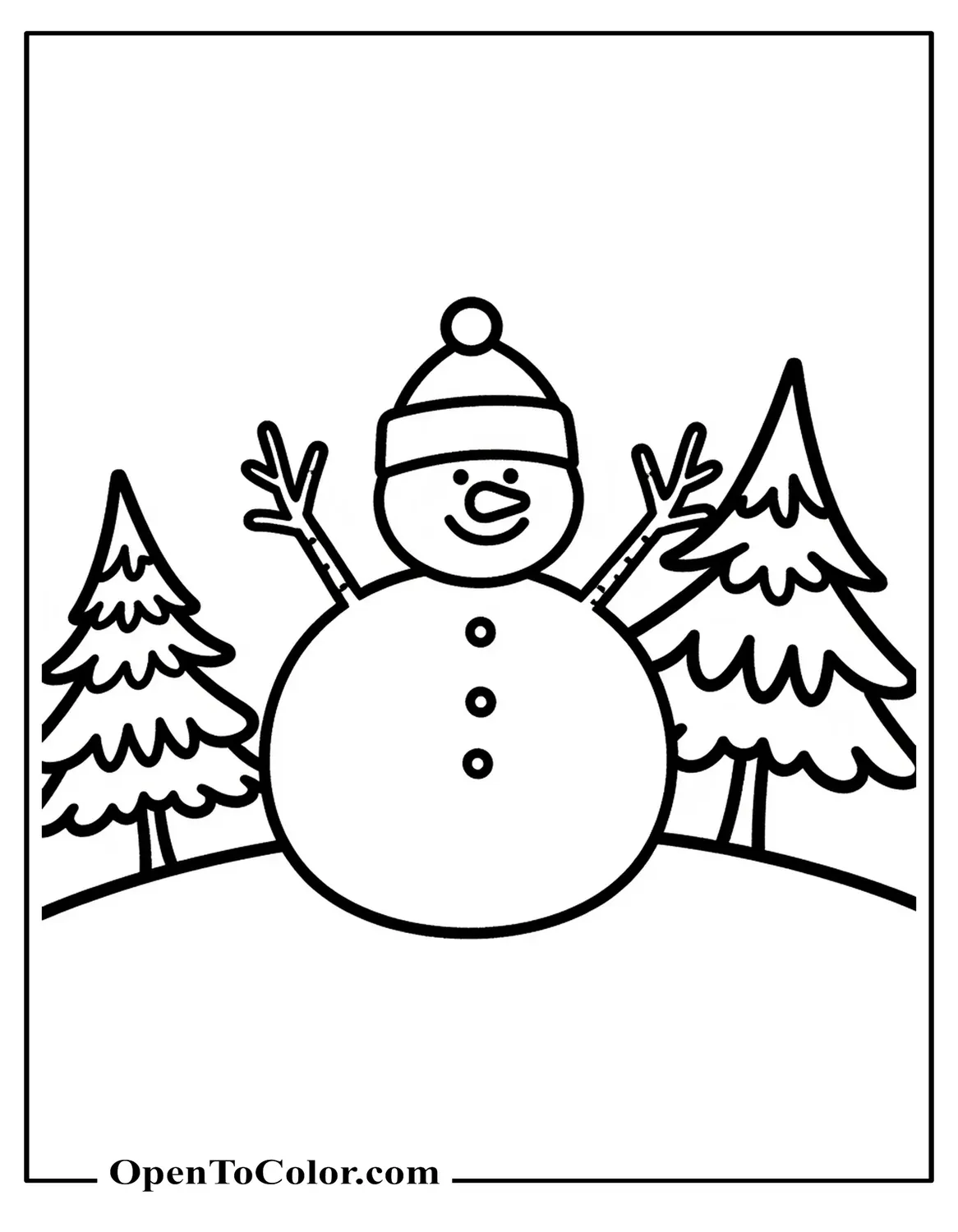 Snowman Standing On A Snowy Hill Waving Twig Arms With Two Pine Trees In The Background Coloring Page PDF