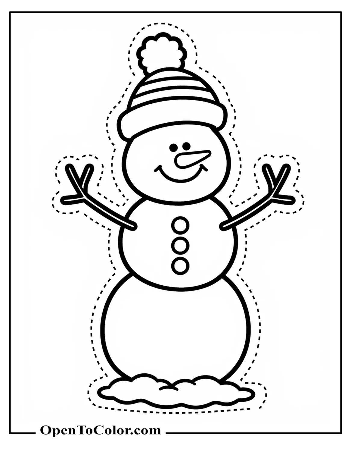 Toddler friendly snowman coloring sheet with very large simple shapes and dotted guiding lines, printable.