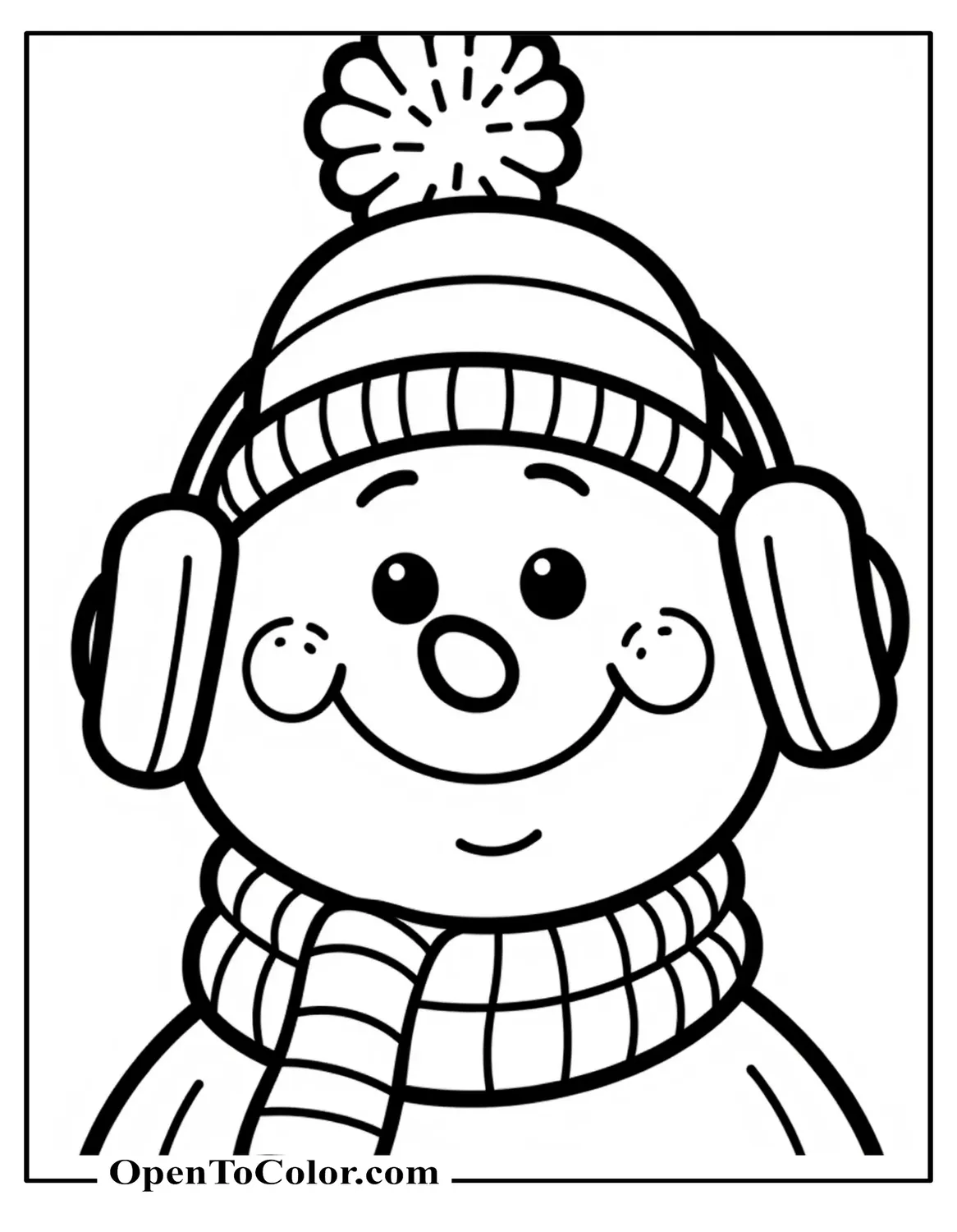 Snowman face coloring sheet close up with wide grin, earmuffs, and rosy cheek circles, printable.