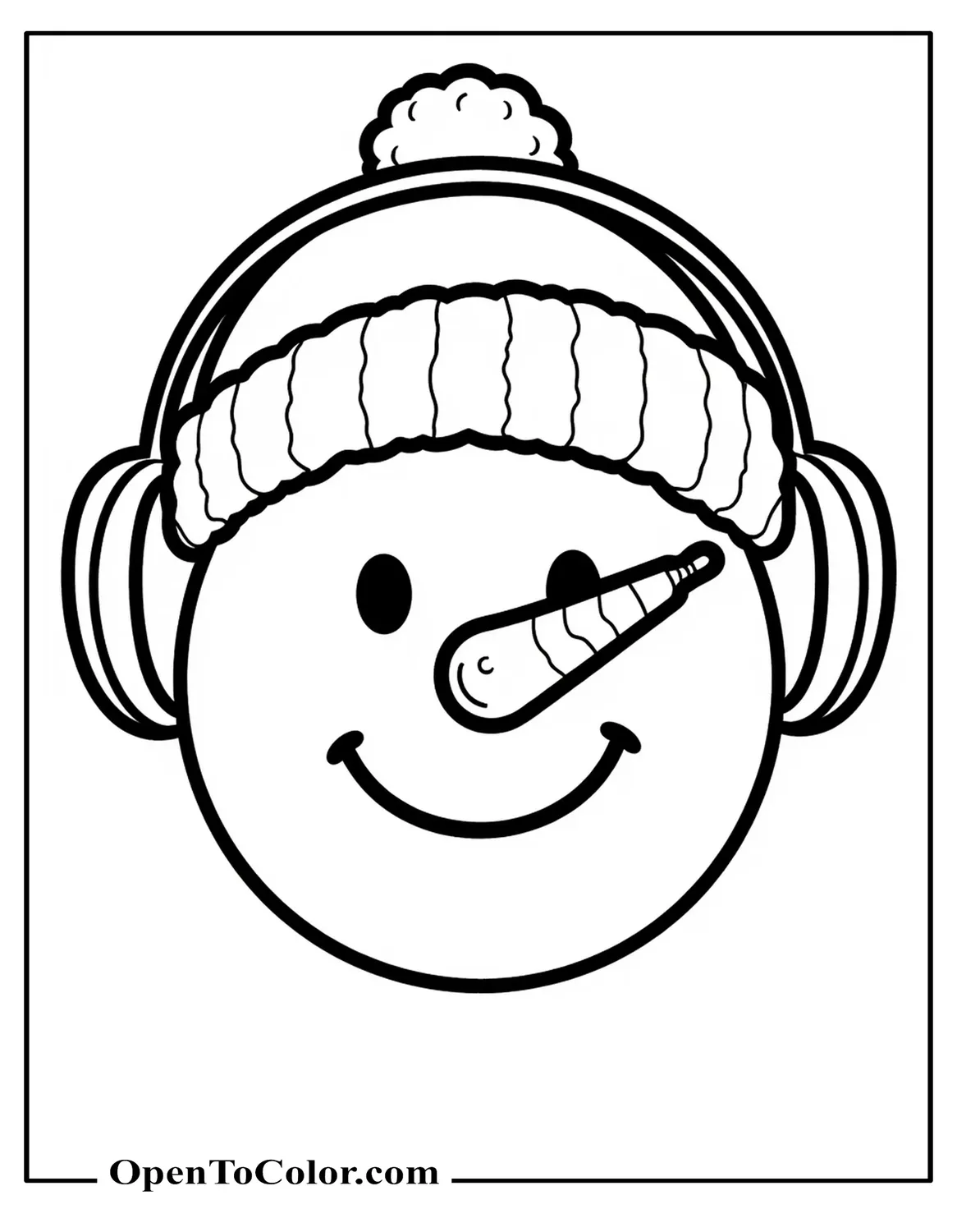 Close Up Snowman Head With Carrot Nose, Coal Smile, Earmuffs, Coloring Sheet PDF