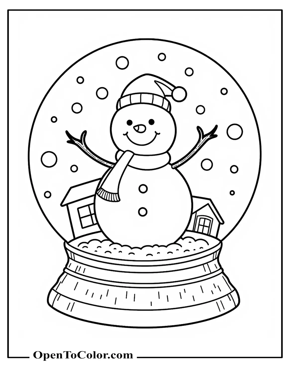 Snowman Inside a Snow Globe Coloring Page PDF Standing on a Tiny Base with a Miniature House Behind