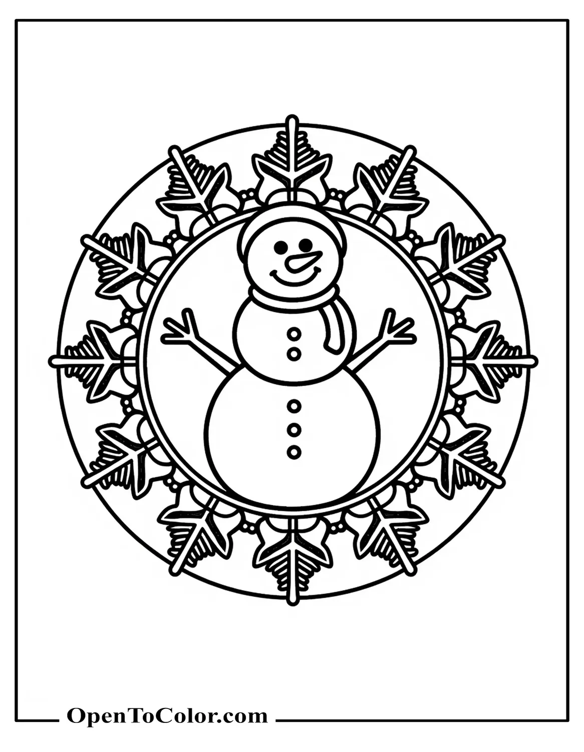 Snowman centered inside a circular mandala of snowflakes detailed symmetrical pattern, printable coloring sheet.
