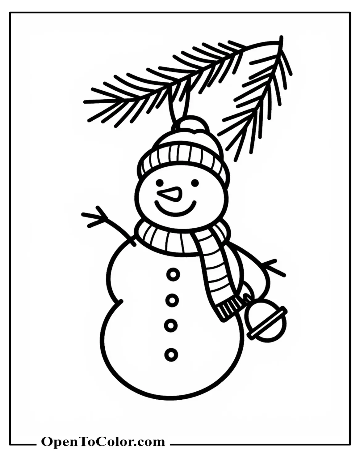 Free Coloring Sheet of a Snowman Ornament Hanging from a Pine Branch with Ribbon and Tiny Bell