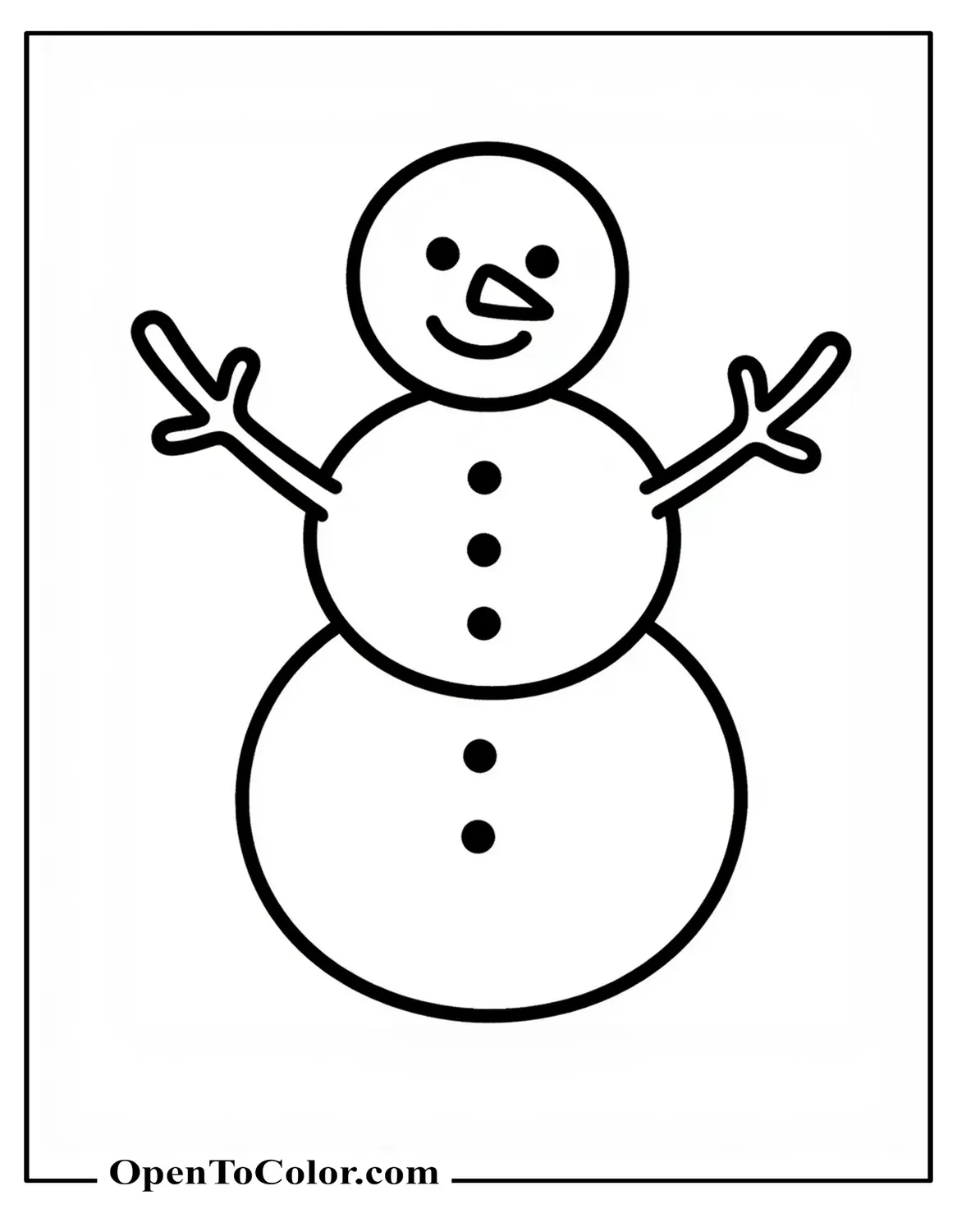 Single line style snowman outline coloring page PDF with carrot triangle and two stick arms no filler