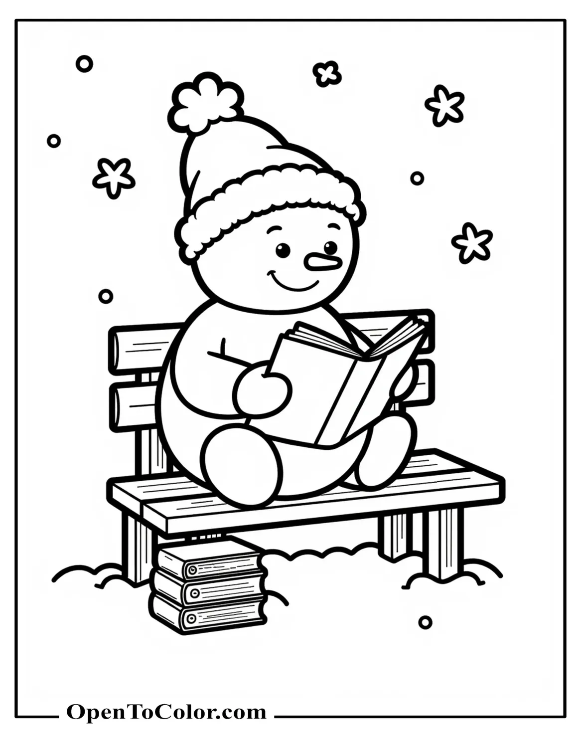 Free Coloring Sheet of a Snowman Sitting on a Bench Reading a Book with a Tiny Stack of Books Beside
