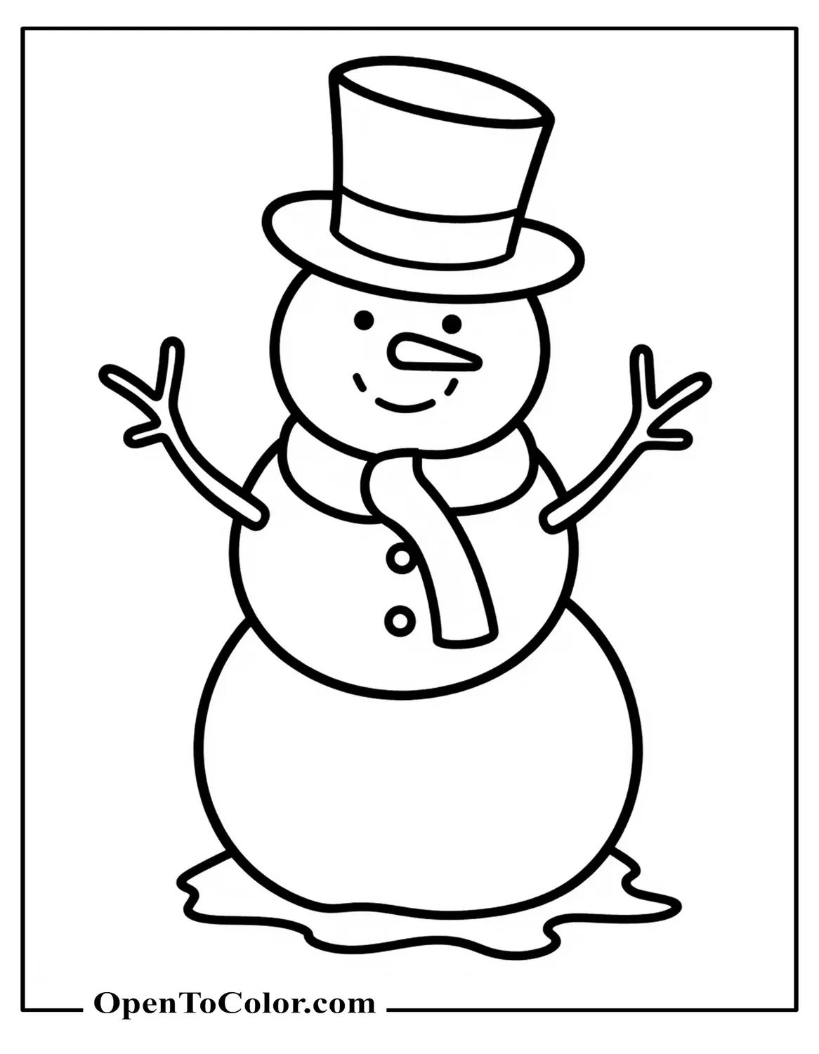 Printable coloring page of a snowman wearing a tall top hat with a ribbon and tilting it forward.