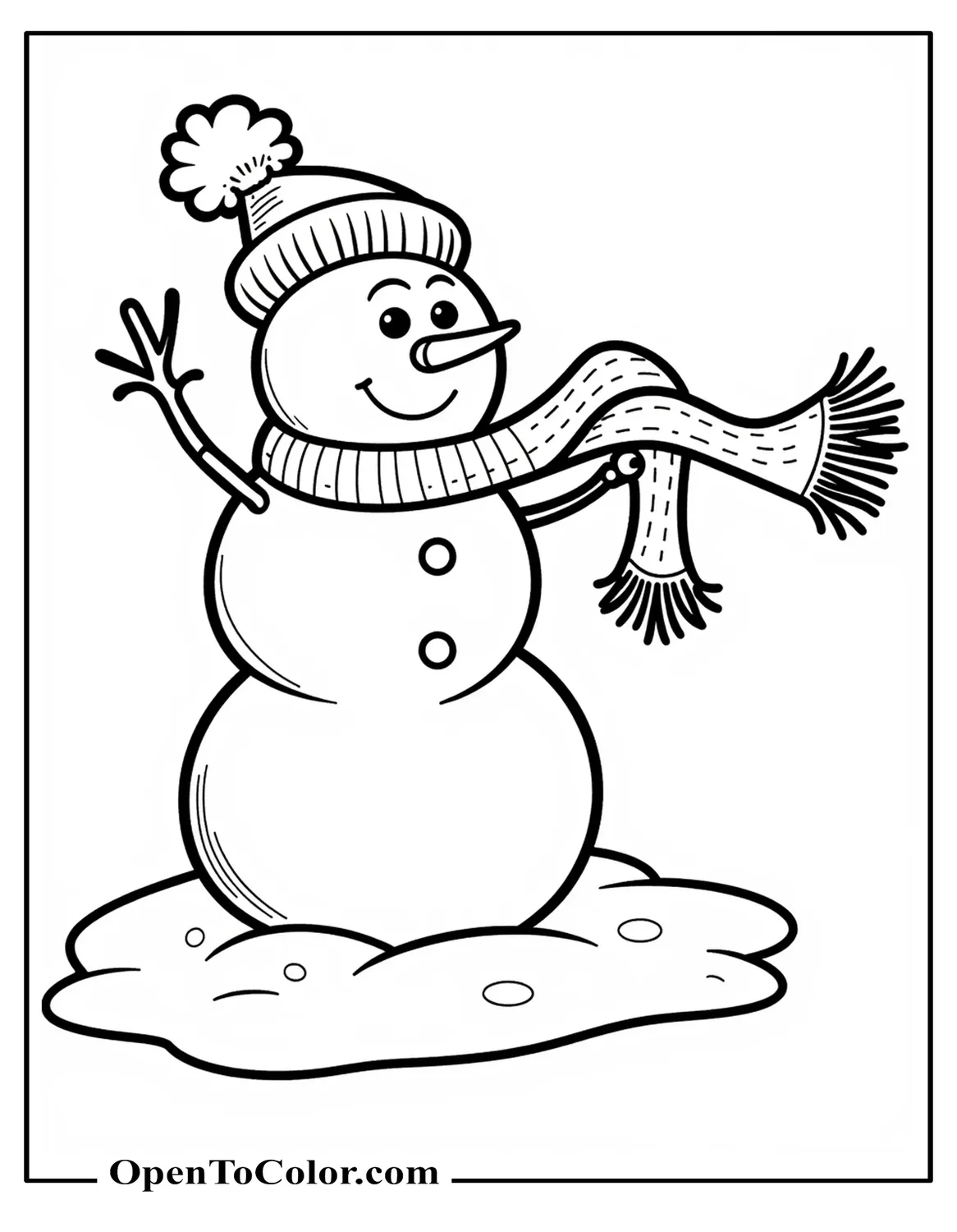 Free Coloring Sheet of Snowman with a Long Knitted Scarf Blowing Sideways