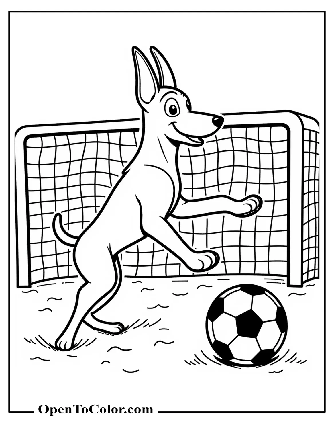 Free Coloring Page of Doberman Playing Soccer with One Paw on the Ball, Goal Net Behind