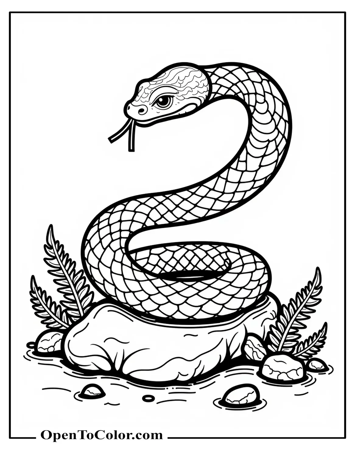 Snake Forming a Spiral Around a Stone With Tiny Ferns Coloring Sheet PDF