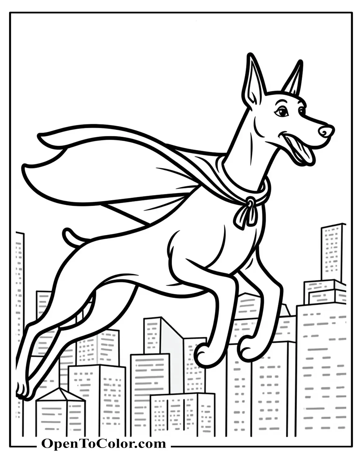 Free Coloring Sheet of a Doberman Superhero With Cape Gliding Above a Simple City Skyline Outline