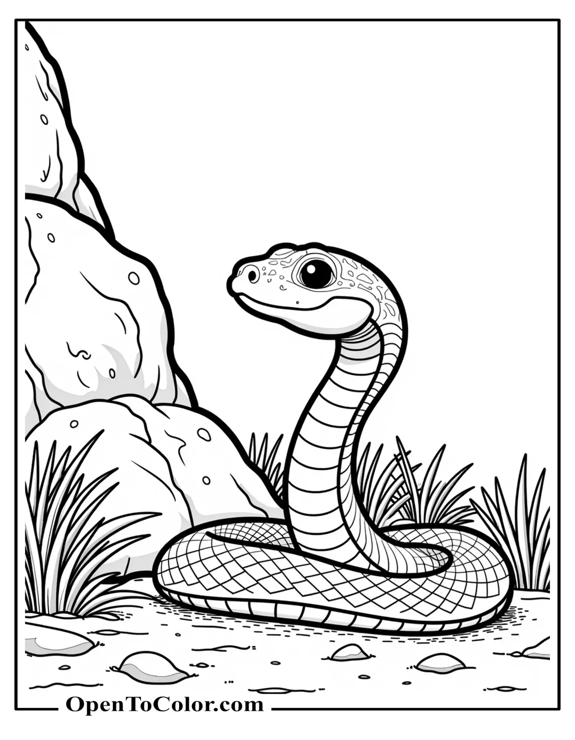 Printable coloring page of a Taipan snake in alert posture near a rocky outcrop with sparse bushes.