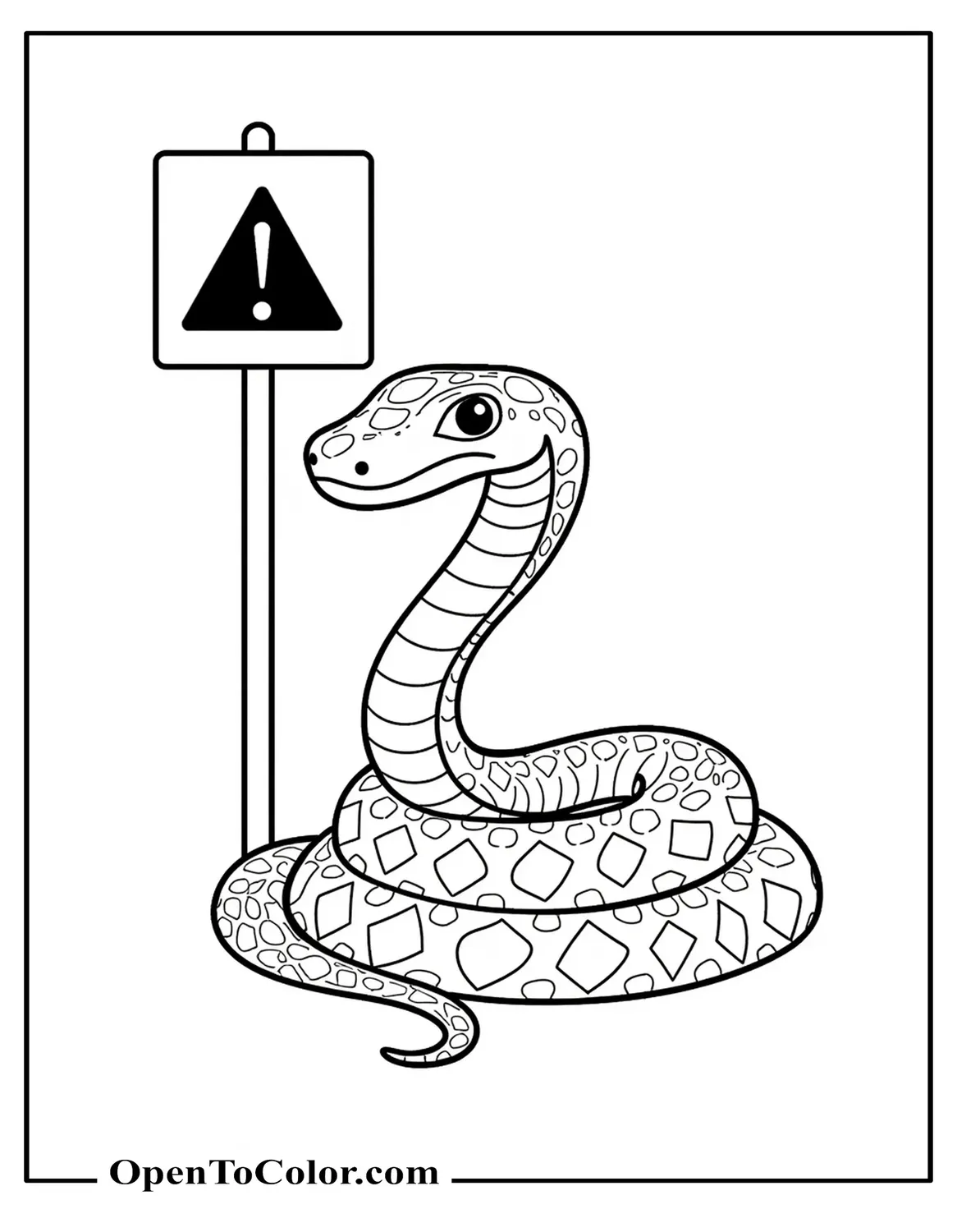 Free Coloring Sheet of Venomous-Looking Snake With Triangular Head Beside a Warning Sign