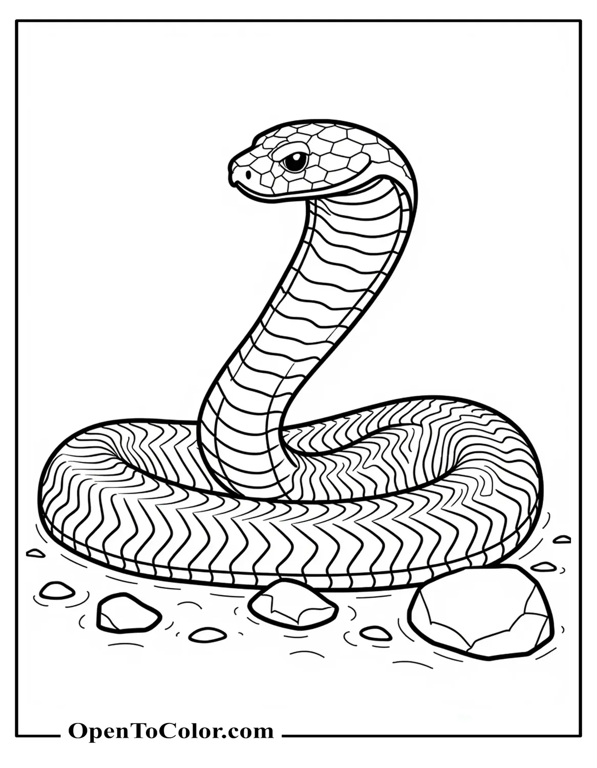 Free Coloring Sheet of Viper Coiled with Triangular Head and Zigzag Back Pattern Beside Stones