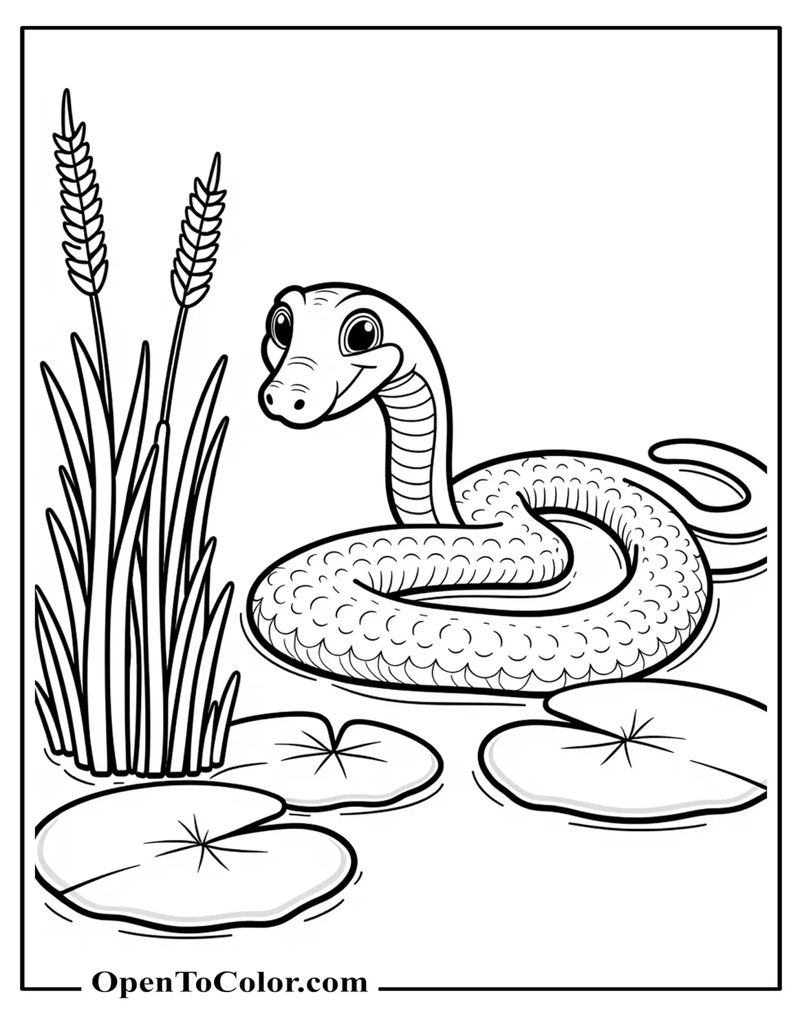 Water Snake Gliding Beside Lily Pads And A Reed Clump Coloring Page PDF