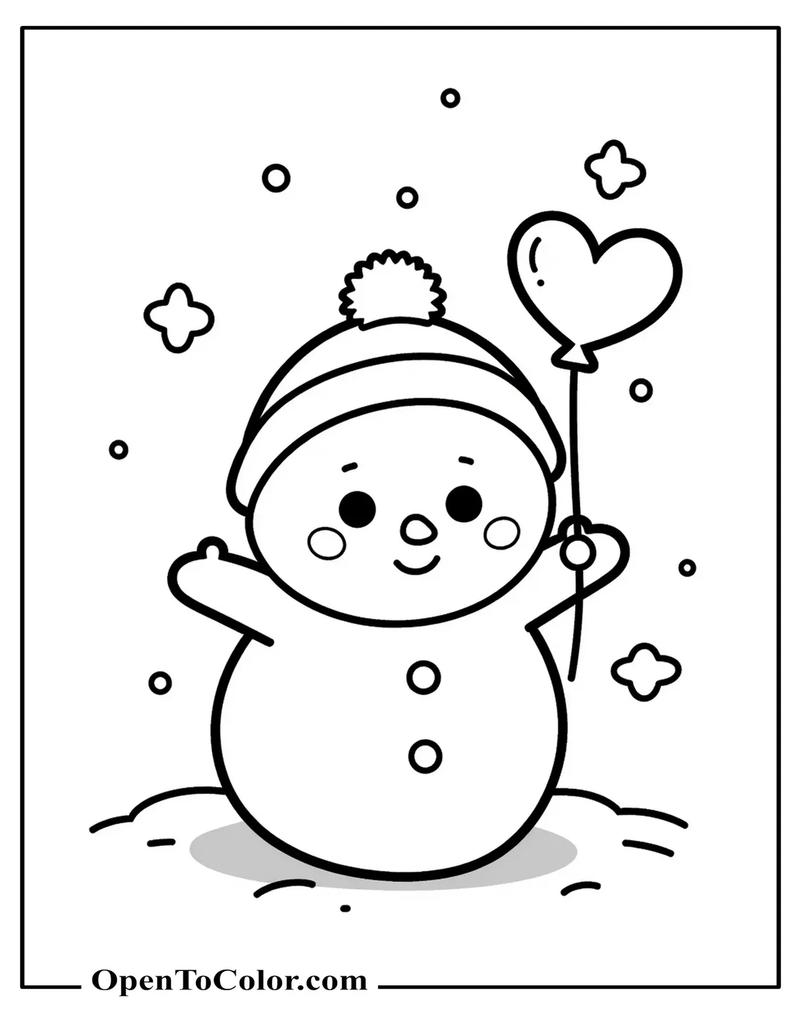 Free Coloring Page of a Cute Snowman Holding a Tiny Heart Balloon with Soft Rounded Shapes Sanrio Style